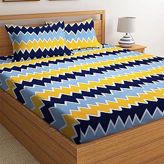 BSB HOME 100% Microfibre 160 TC Zigzag Printed Double Bedsheets with 2 King Size Pillow Cover, (90X90 Inches, 7 x 7.5 Feet, Yellow & Blue