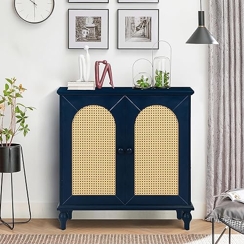 Armario de almacenamiento de ratán con puertas y estantes, aparador de ratán y buffet con almacenamiento y estantes ajustables, armario