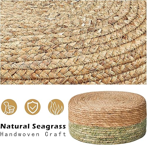 Miniatura 4 de Wimarsbon Taburete Redondo de Pies de Algas Marinas Naturales Pufs Otomano Tejido a Mano Reposapiés para Sofá Escritorio Asiento Extra Taburete