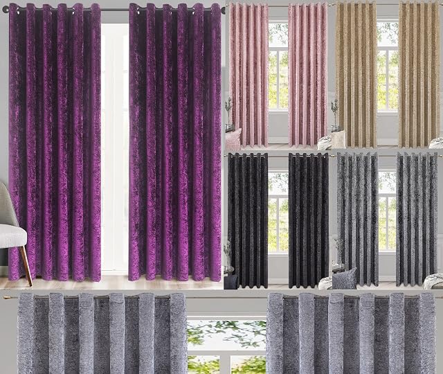 Luxury Crushed Velvet Curtains PAIR Fully Lined Eyelet Ring Top For Bedroom, Living Room, Kitchen, Office. Color Purple Size - 46" x 54"