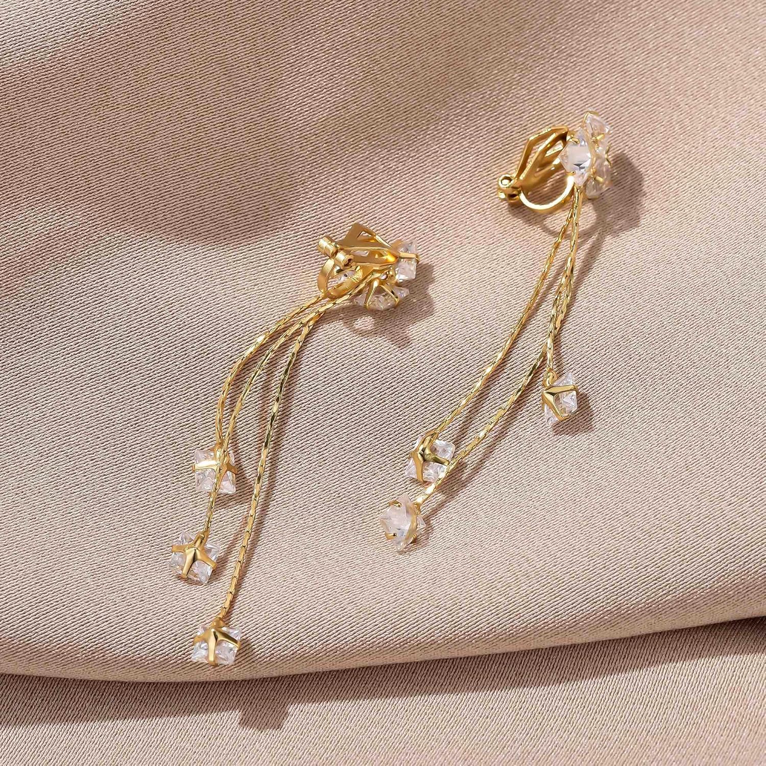 YOQUCOL Women Cubic Zirconia Crystal Long Drop Dangle Clip On Earrings For Not Pierced Women - Image 5