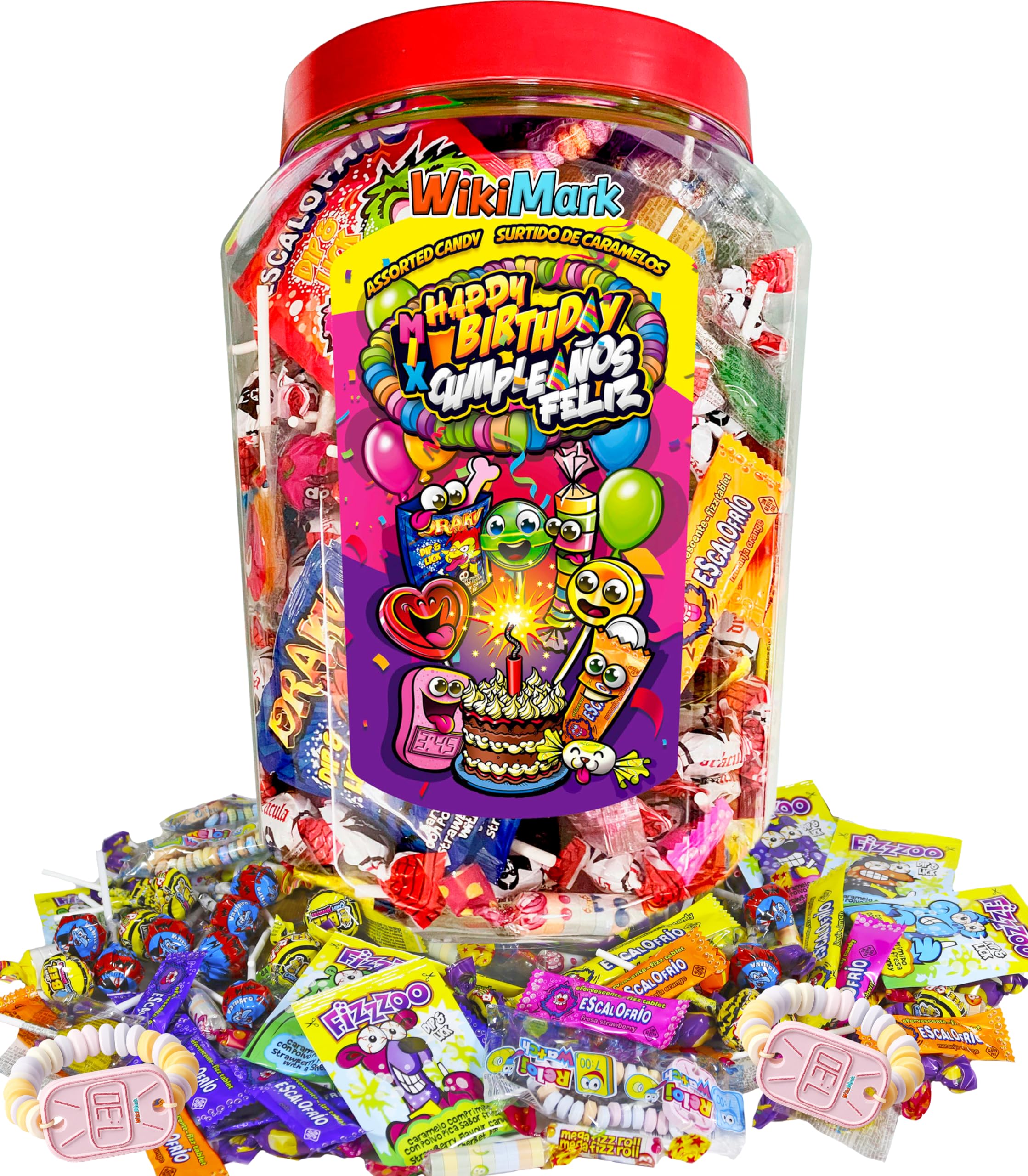Gran Cubo con Más de 200 Chuches Sin Alérgenos WikiMark. Para Cumpleaños, Hallowen, Navidad o Piñatas. Sin Gluten y Sin Leche. Apto para Todos. + de 1,​5 Kg de Caramelos y Golosinas. (Chuches Mix)