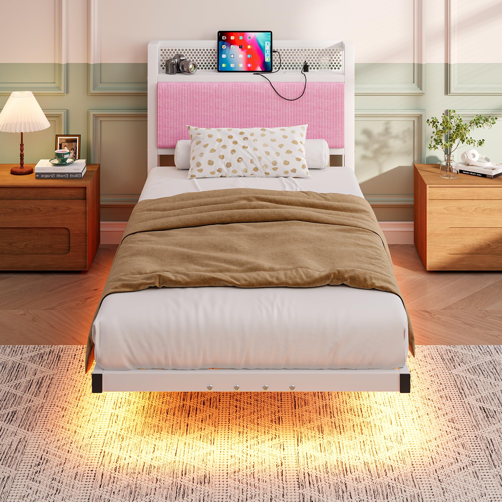 HAHRIR Floating Single Metal Bed Frame with LED Lights & USB Charging Station, 90x190cm Metal Platform Bed Frame with 3ft Upholstered Headboard Storage,Heavy Duty Metal Slats,Noise Free/Pink