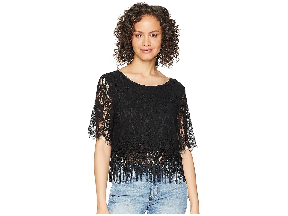 

ROMEO & JULIET COUTURE Lace and Fringe Top (Black) Women's Clothing