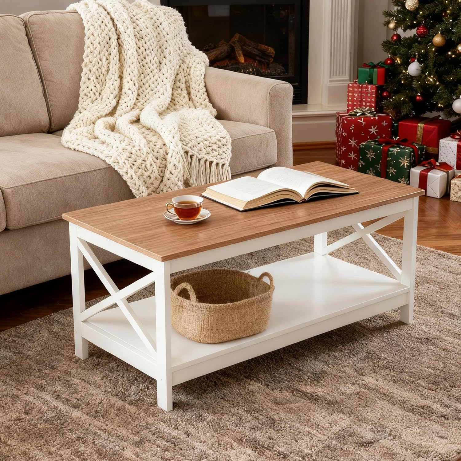 Farmhouse Coffee Table 39'', 2-Tier Coffee Table Set with