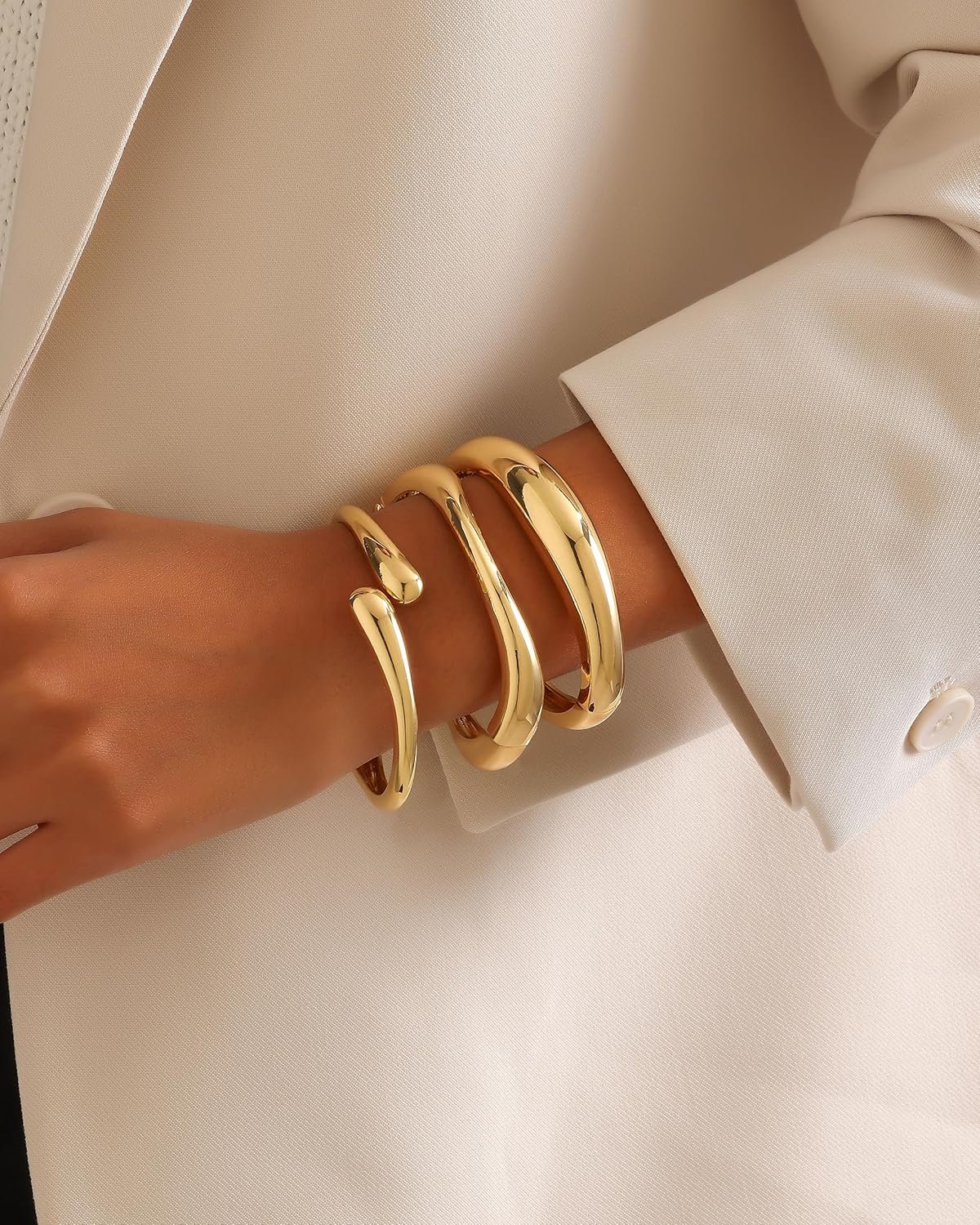 3Pcs Gold Bangles Bracelets for Women,14K Gold Plated Hinged Opened Chunky Thick Gold Bracelet Stack Cuff Bracelets Statement Jewelry Set for Women - Image 3