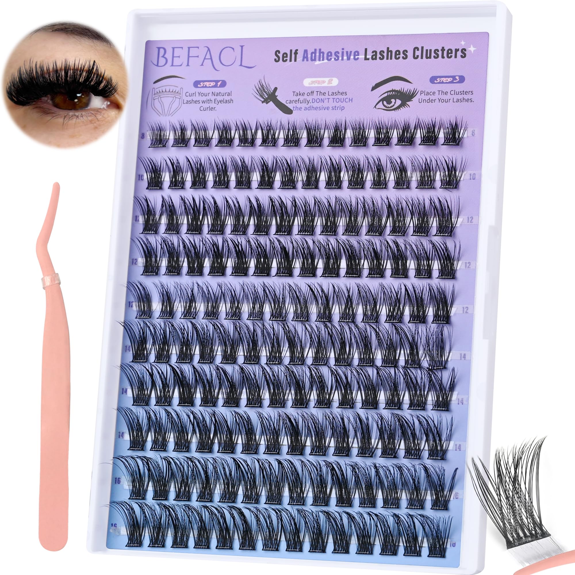 Self Adhesive Eyelashes Clusters Press on Lash Clusters Wispy Lash Extensions No Glue Needed Lashes Clusters Natural Cluster Eyelash Extensions Kit with Tweezers (8-16mm,C Curl)