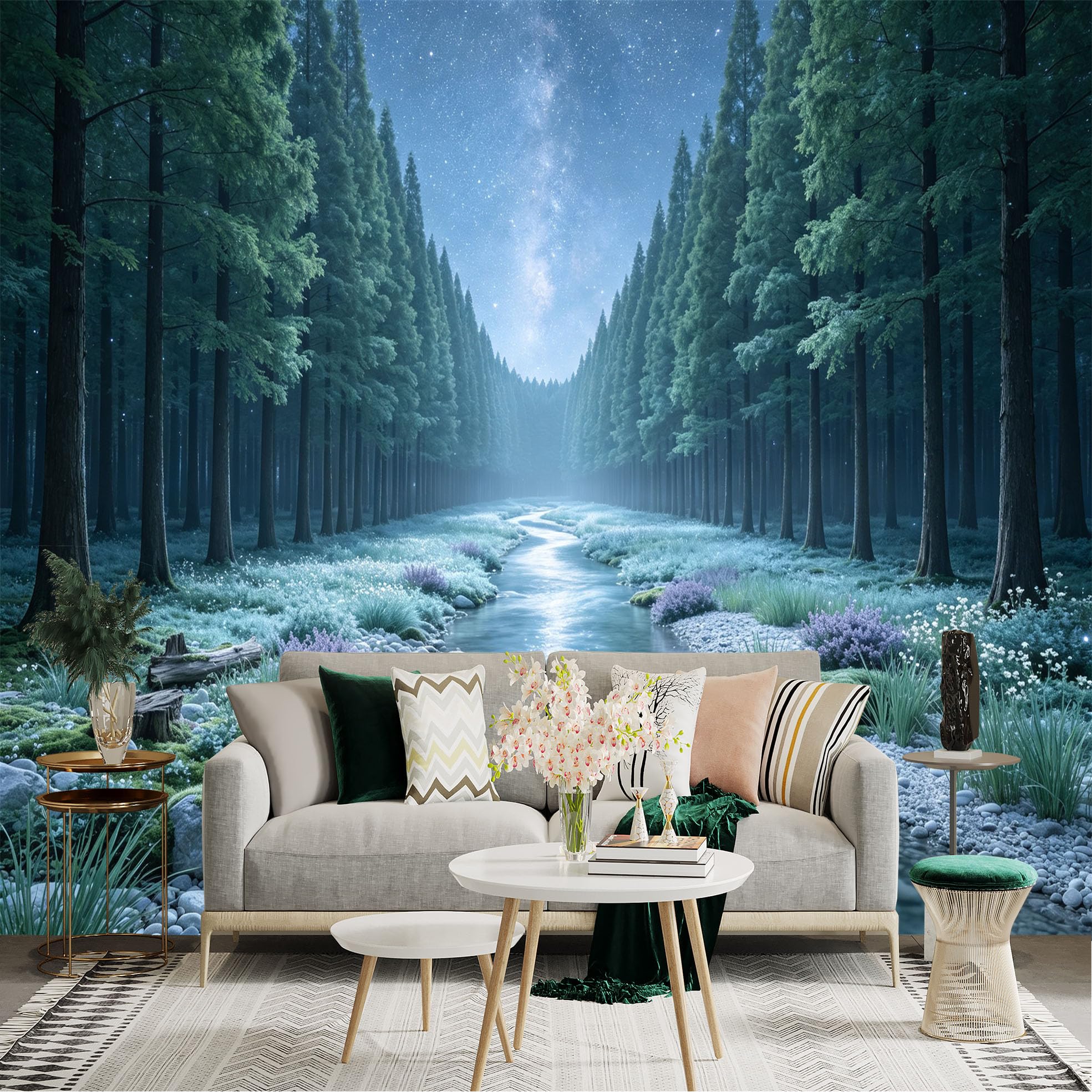 Lnzczhyre Bh260719041 Custom Size Wall Sticker Mural， Enchanted Serene River In Night Forest， Glowing Milky Way Galaxy， For Wall Decoration， Peelandstick Wall Decals.