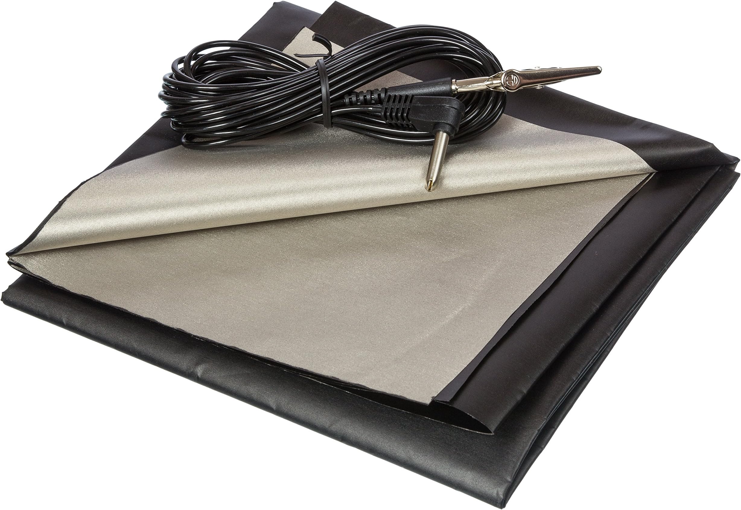 Black and Silver RFID Blocking Faraday Shielded Fabric: Radiation WIFI & RF Shielding: ​40x40​ Nickel & Copper EMF Identity Theft Blocker for your Wallet Phone or Laptop. Includes 20' Grounding Cord