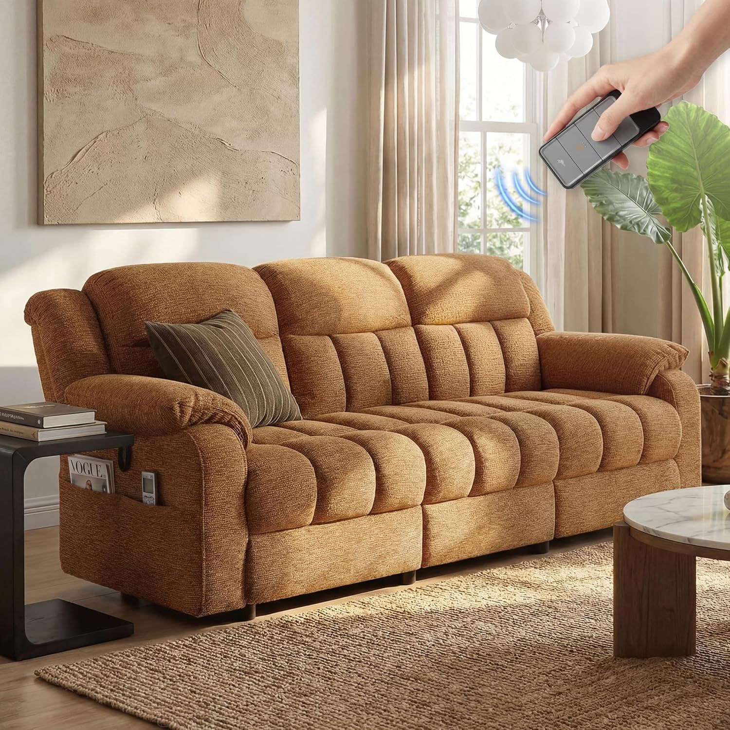 STHOUYN Electric Recliner Sofa Couch, Power Reclining Sofa Loveseat with Pockets & Adjustable Backrest, Comfy Chenille Upholstered 3 Seater Couch for Living Room, Home Theater (Camel Brown)