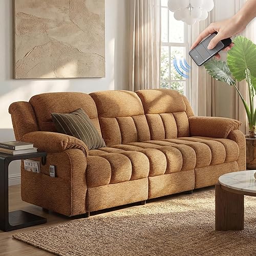 STHOUYN Electric Recliner Sofa Couch, Power Reclining Sofa Loveseat with Pockets & Adjustable Backrest, Comfy Chenille Upholstered 3 Seater Couch for Living Room, Home Theater (Camel Brown)