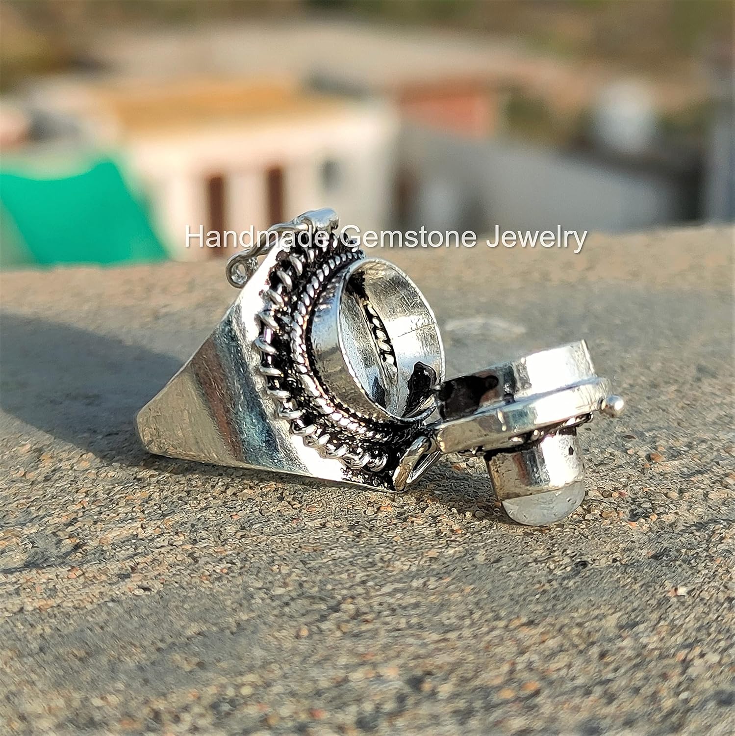 Rainbow Moonstone Ring, Blue Flash Ring, Poison Box Ring, Round Stone Ring, June Birthstone Ring, Artisan design Ring, Poisoner Ring, Pillbox Ring, Antique Poison Ring, Openable Ring