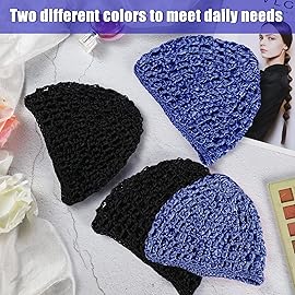 Geyoga 4 Pieces Mesh Crochet Hair Net Rayon Knit Snood Hat Thick Short Women Hairnet Snoods Cover Ornament for Sleeping (Black, Blue)