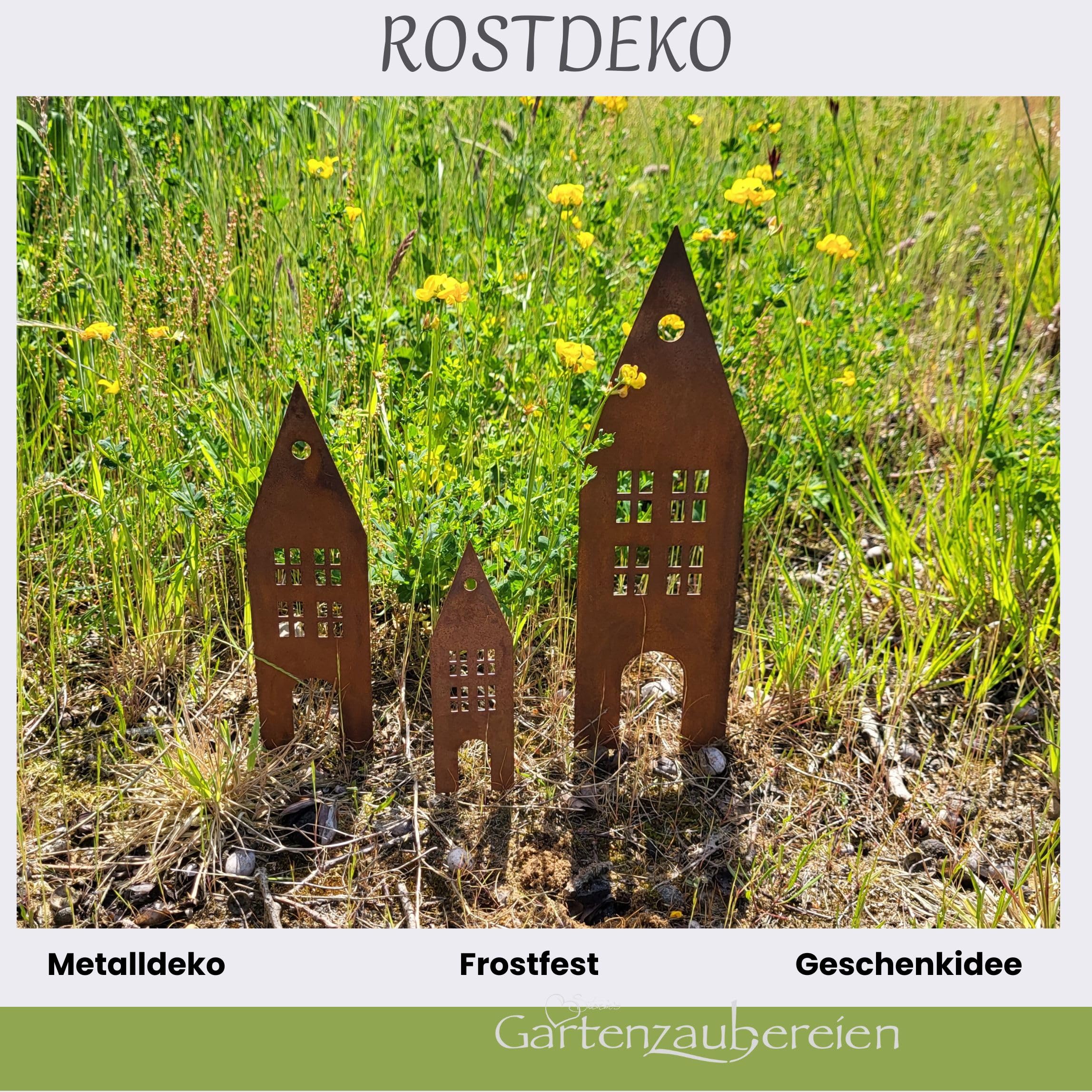 Storm's Gartenzaubereien Dekoracja - domek do wtykania w stylu rdzy, zestaw 3 sztuk, metal, nowoczesny, brązowy, zielony