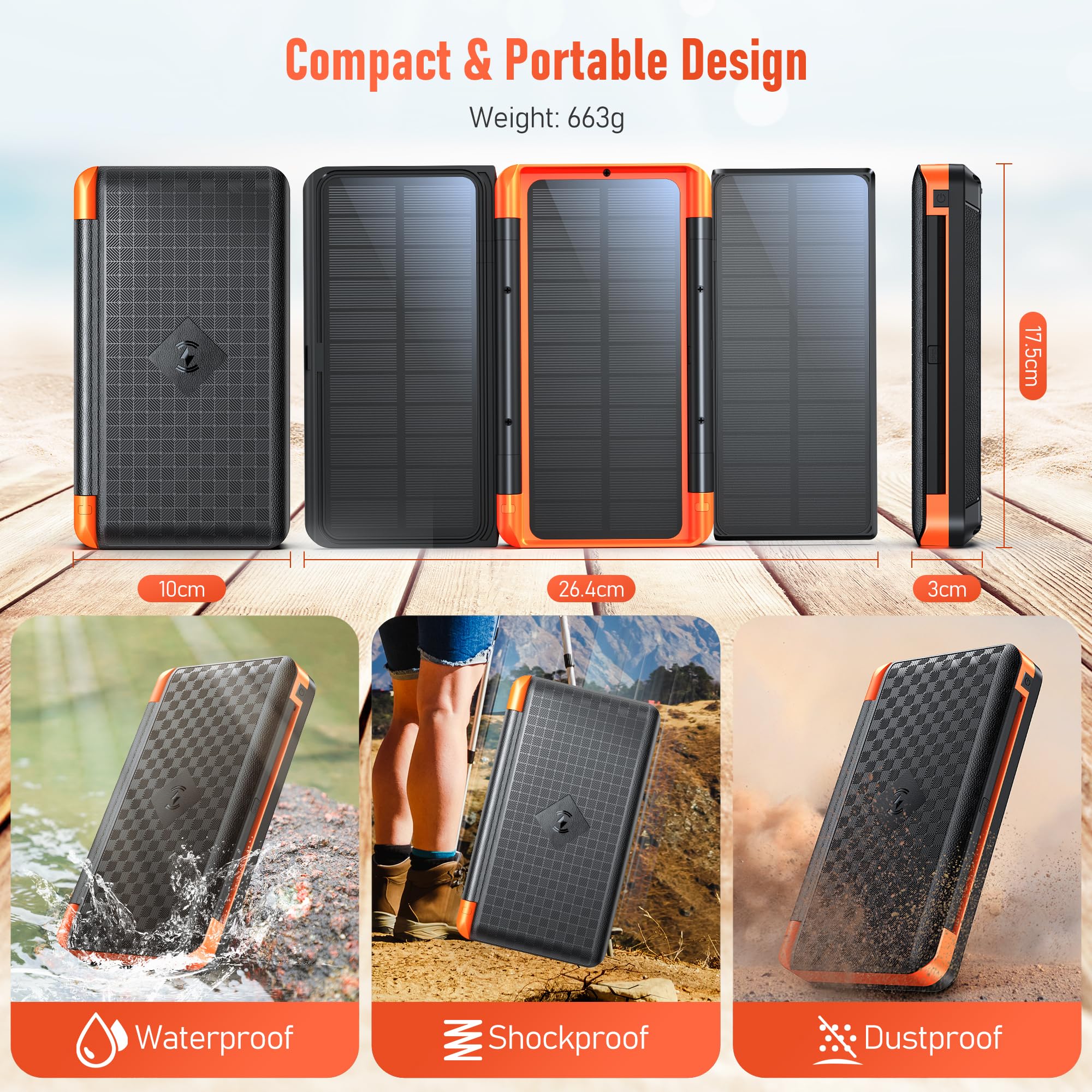 63200mAh Power Bank Solare con 3 Pannelli Solari e 22,5W Ricarica Rapida: Batteria Esterna Wireless con 6 Uscite, Torcia SOS e Display Digitale, Ideale per Campeggio e Attività Outdoor,Emergenza