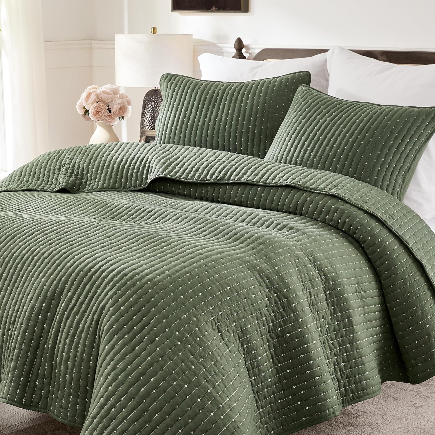 WDCOZY Olive Green Cross Stitch King Size Quilt Set, Striped Lightweight Soft Bedspread, Channel Farmhouse Rustic Coverlet, All Season Country Bedding, Thin Comforter - Image 3
