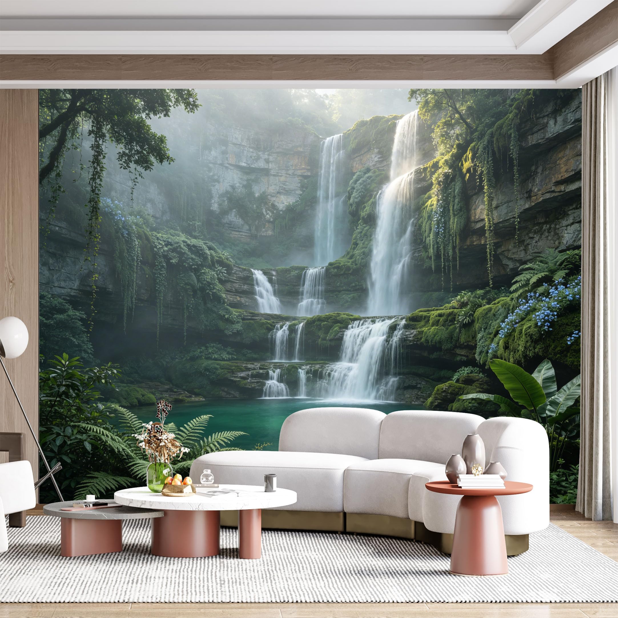 Custom Size Wall Mural Tropical Waterfall Jungle Lush Greenery Peaceful Nature Landscape Watercolor Effect SelfAdhesive Wall Fabric Removable for Home Office Decor