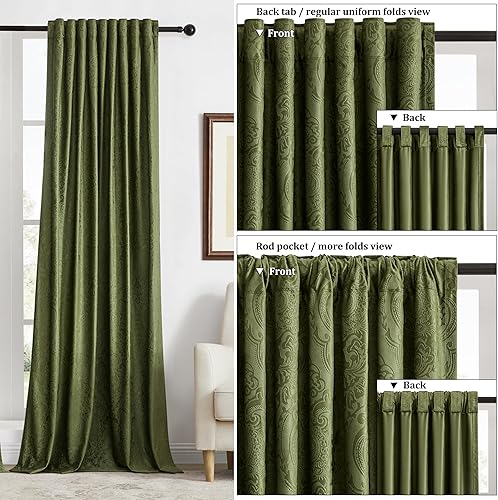 Miniatura 4 de GIGIZAZA Cortinas de terciopelo verde de 63 pulgadas de largo para sala de estar, 2 paneles de cortinas bohemias de lujo con estampado de flores en