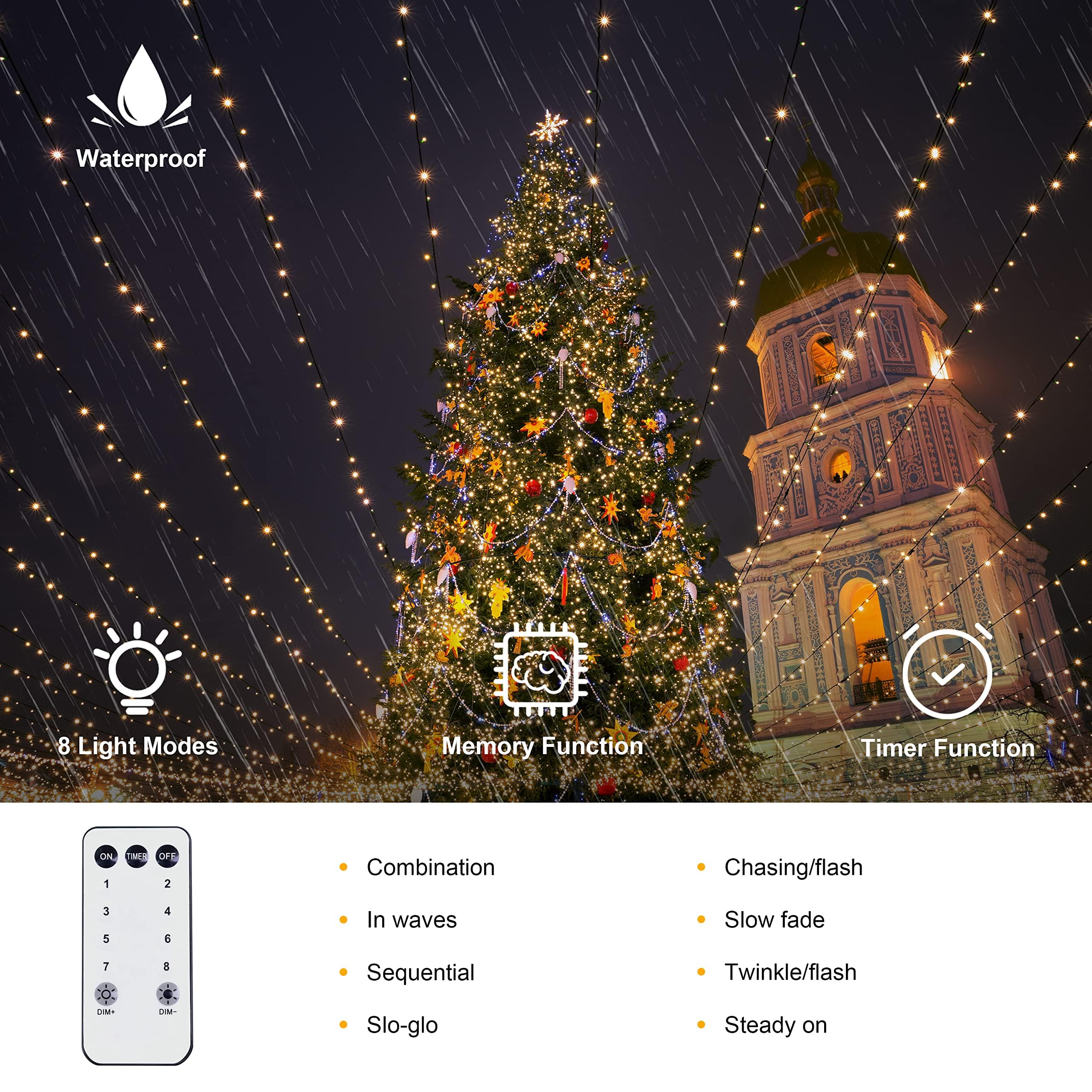 Luci natalizie per esterni, 90 m, 1000 luci LED con bobina, 8 modalità e telecomando con timer, certificazione UL, decorazioni per Natale, vacanze, feste, matrimoni, filo verde