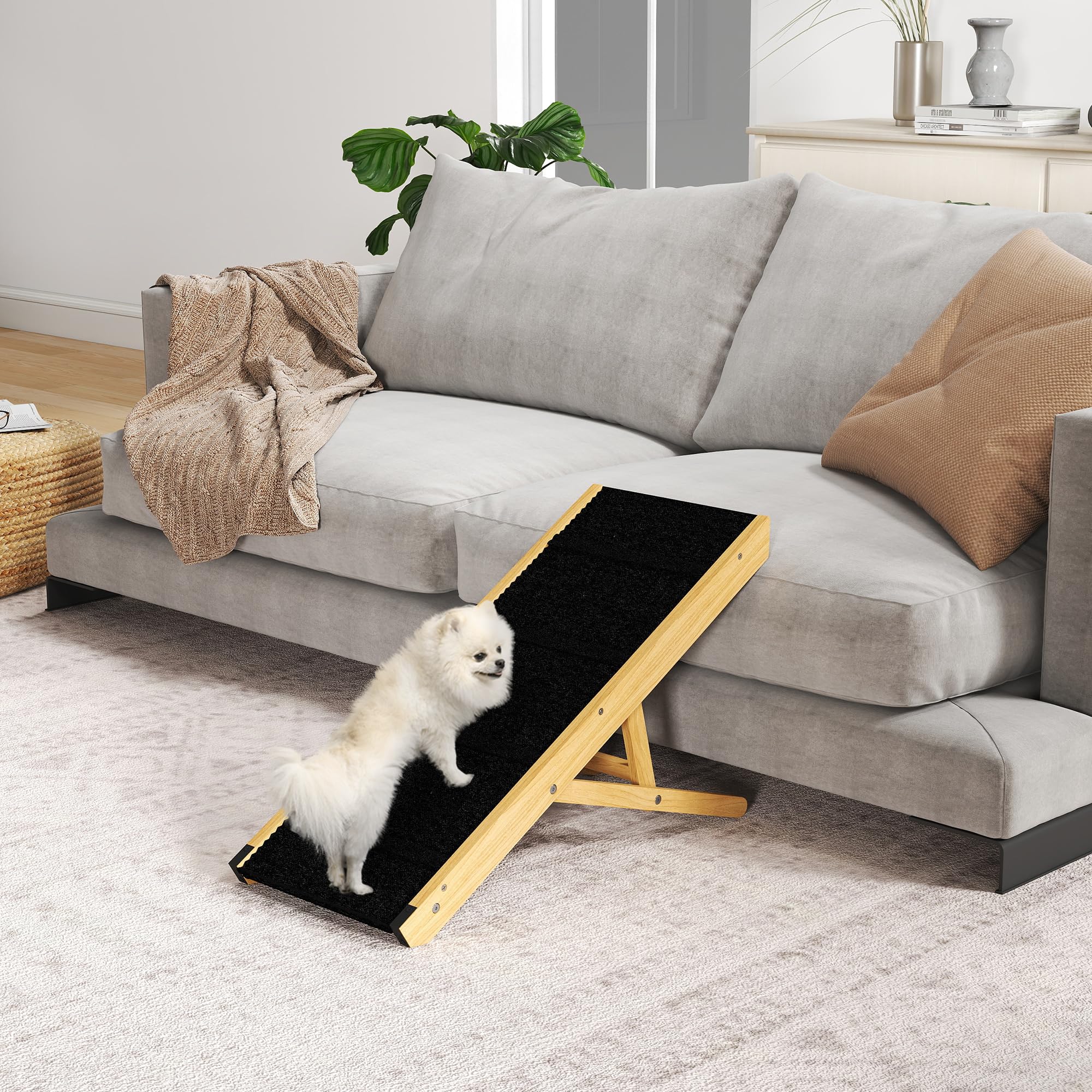 PawHut Rampa para Perros Plegable Rampa para Mascotas de Madera con Altura Ajustable en 4 Niveles para Perros Pequeños y Medianos 83,5x35x47,5 cm Natural