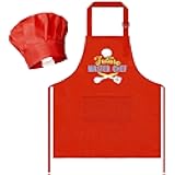 R HORSE 2Pcs Kid Apron and Chef Hat Set, Adjustable Children Red Kitchen Toddler Apron for Girls, Cooking Baking Painting and Training Kits Role Play Chef Toy Funny Cooking Gift Birthday Gift for Kids