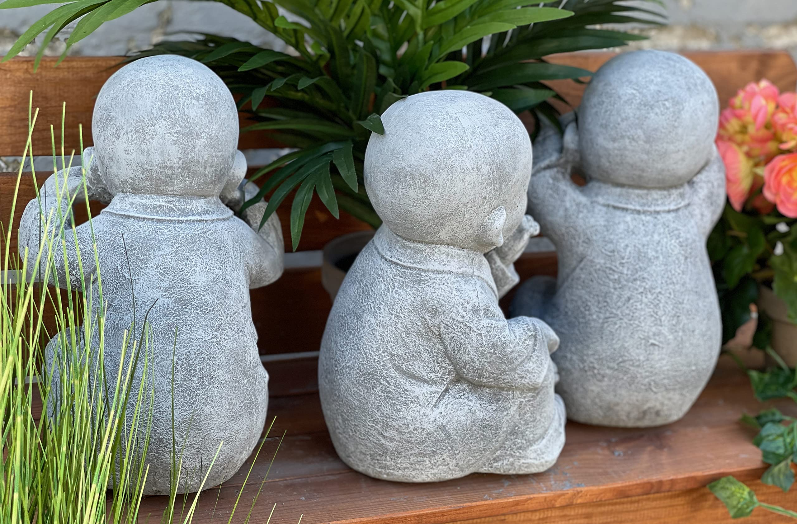 Stone and Style Statuettes en pierre, 3 grands moines Bouddha Shaolin, hauteur : 26 cm, ne rien voir, entendre ni dire