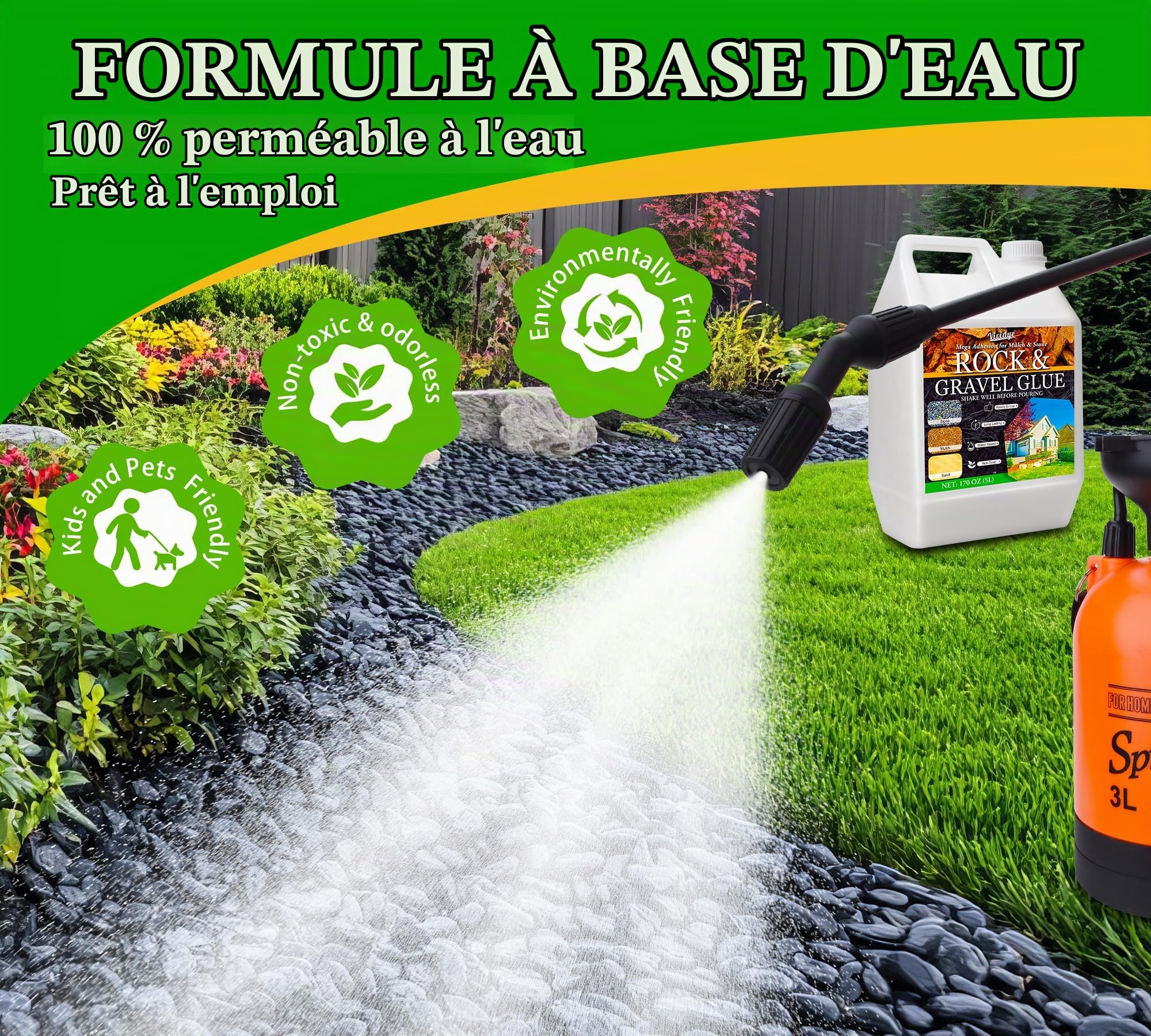 Liant pour Gravier - 5L Colle Cailloux Extérieur avec pulvérisateur à pompe, Stabilisateur de Gravier Puissant pour Pierre, Pailli, Copeaux de Bois, écorces | Résistante aux Intempéries, Longue Durée