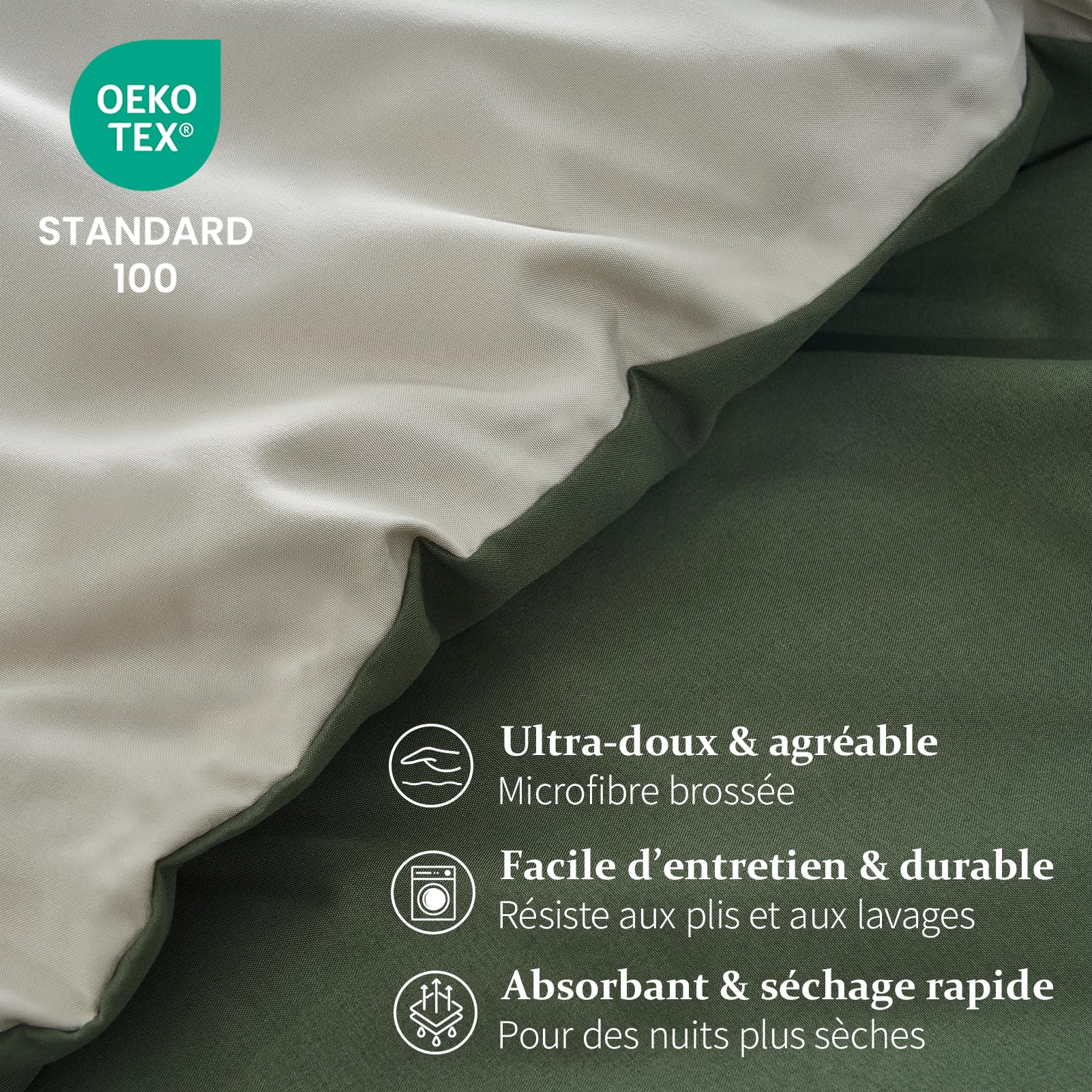 Housse de Couette 240x220 cm Réversible OEKO-TEX Doux & Agréable sur Peau, Fermeture Éclair, Léger & Respirant Parure de lit Vert Olive - Housse de Couette 240x220 + 2 Taies d'oreiller 65x65