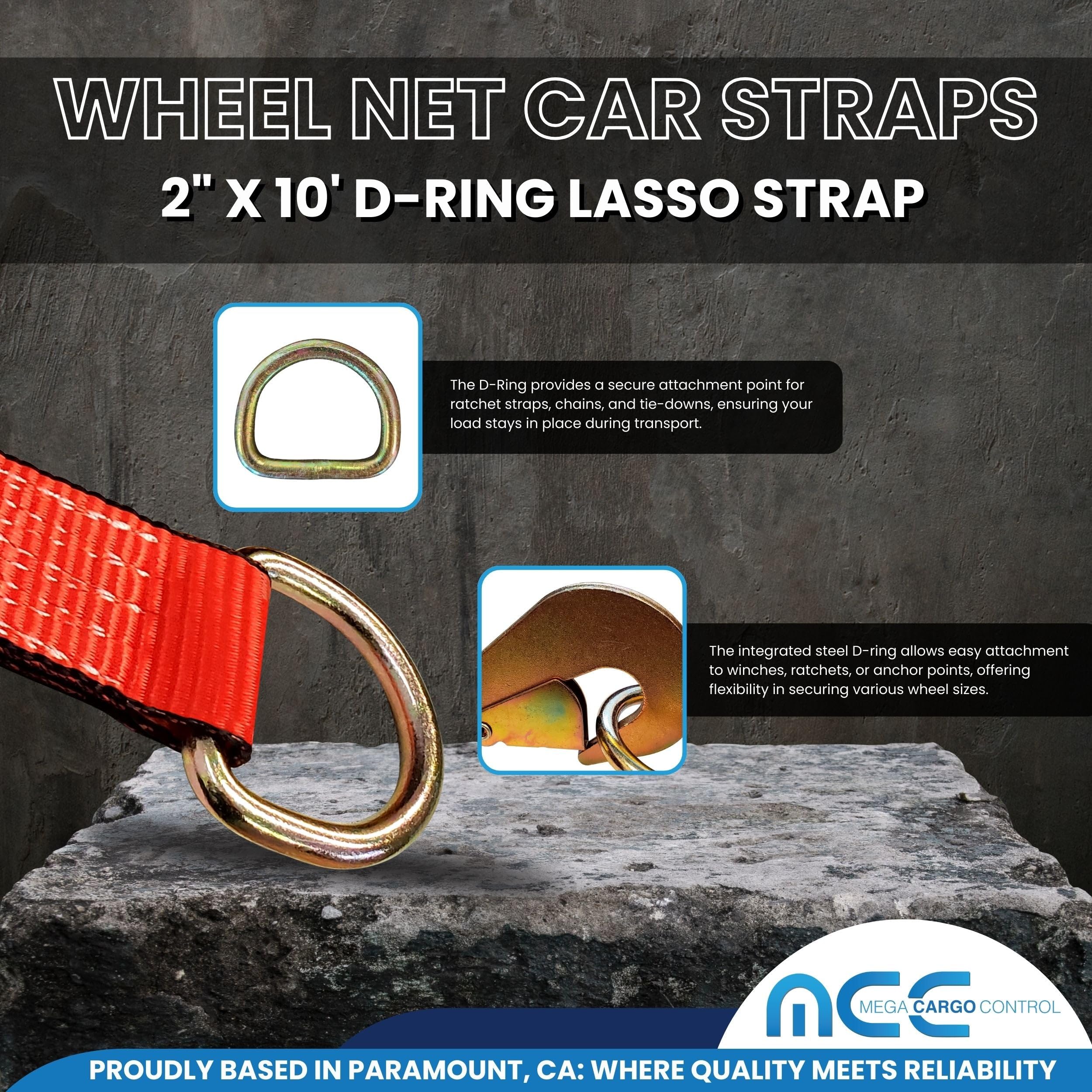 Mega Cargo Control 4 zestawy 5 cm x 25 cm D pierścień lasso pasek z (4) grzechotką 5 cm, (4) hak druciany J, (4) ochraniacz tulei wciągarki Lasso - (prezent) | zapadkowy holownik i ciągnięcie