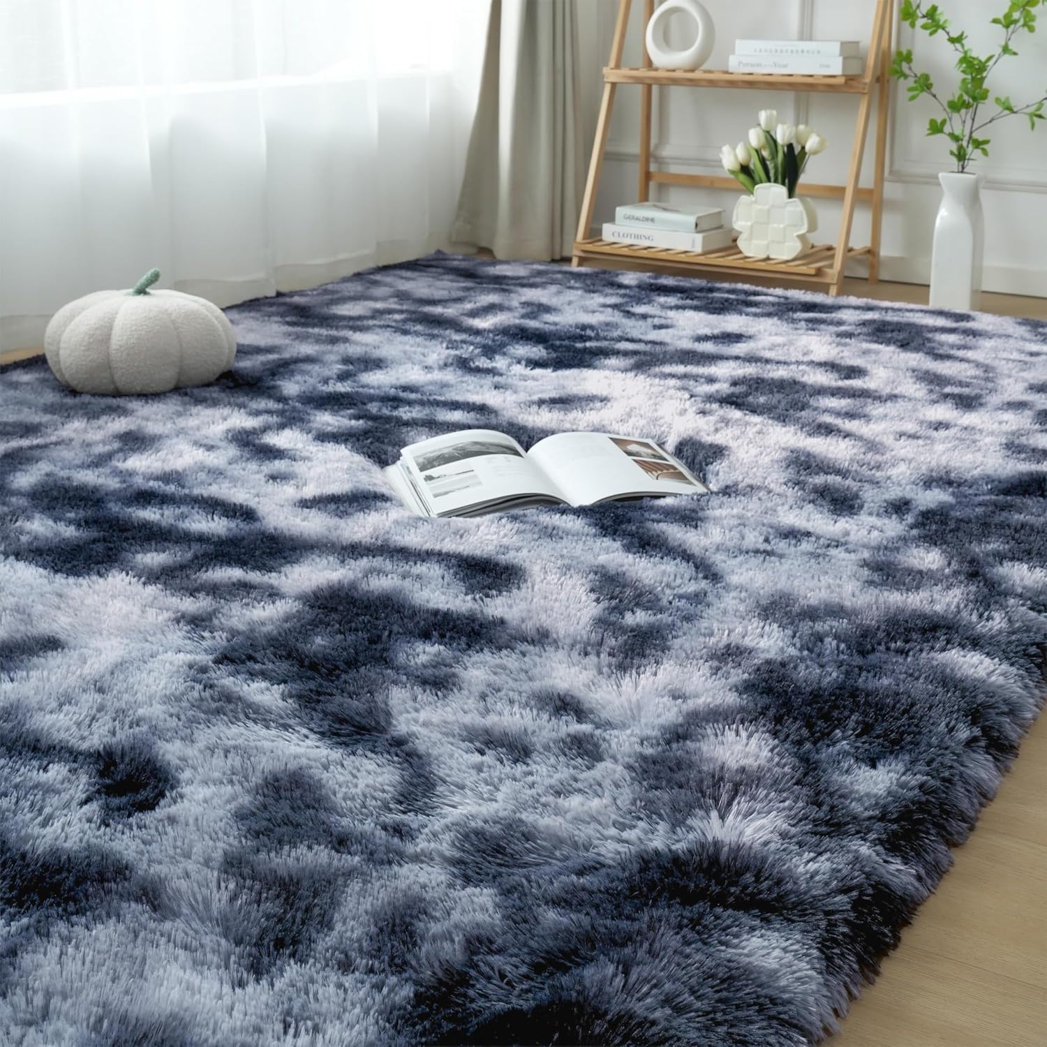Area Rugs 9x12 Living Room: Shag Area Rug for Living Room - Large Plush Fluffy Carpet (Tie-Dyed Dark Gray, 9x12 Feet) Tie-dye Dark Gray 9' x 12' (Rectangular)