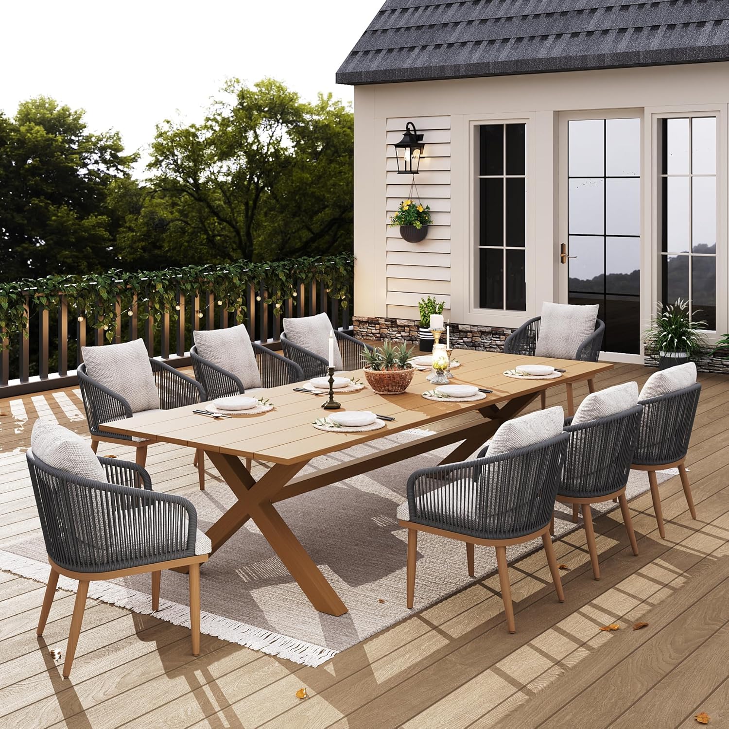 Outdoor Dining Table Set, 7 Piece Patio Rectangular Slat Table and Woven Rattan Chairs Dining Furniture Set for Outside Deck