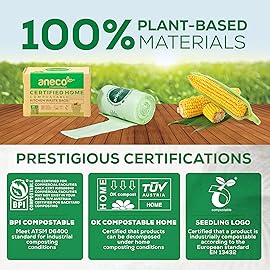 ANECO 4 Gallon Compostable Food Waste Bags with Handles, Extra Thick Compost Bags for Medium Kitchen Garbage/Bathroom Bin, OK Compost HOME & BPI Certified Compostable Bags