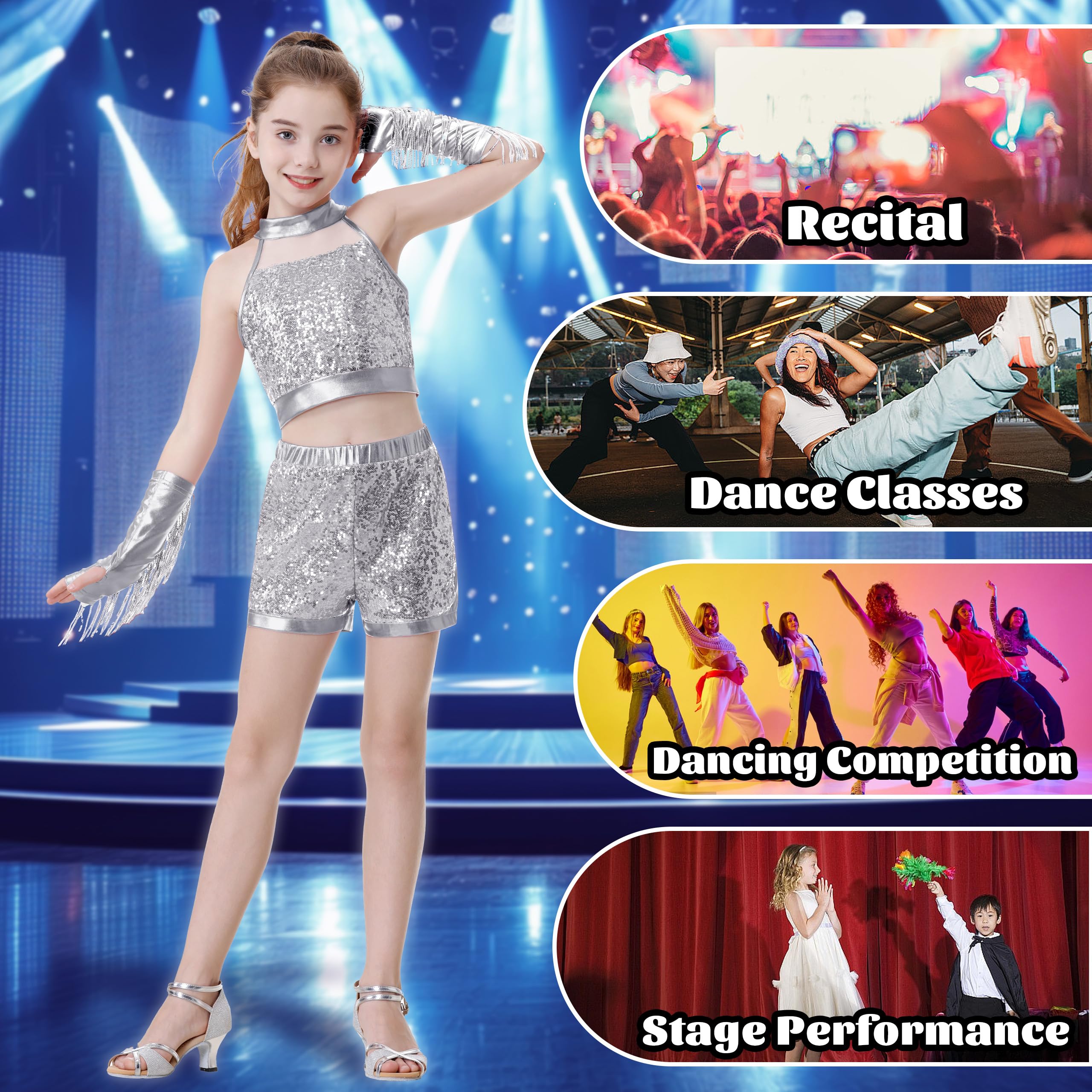 LOLANTA Costume de Danse Filles à Paillettes, Tenue Hip Hop Jazz Brillante, Vêtements de Danse Streetwear Enfant avec Top Court Sans Manches et Short