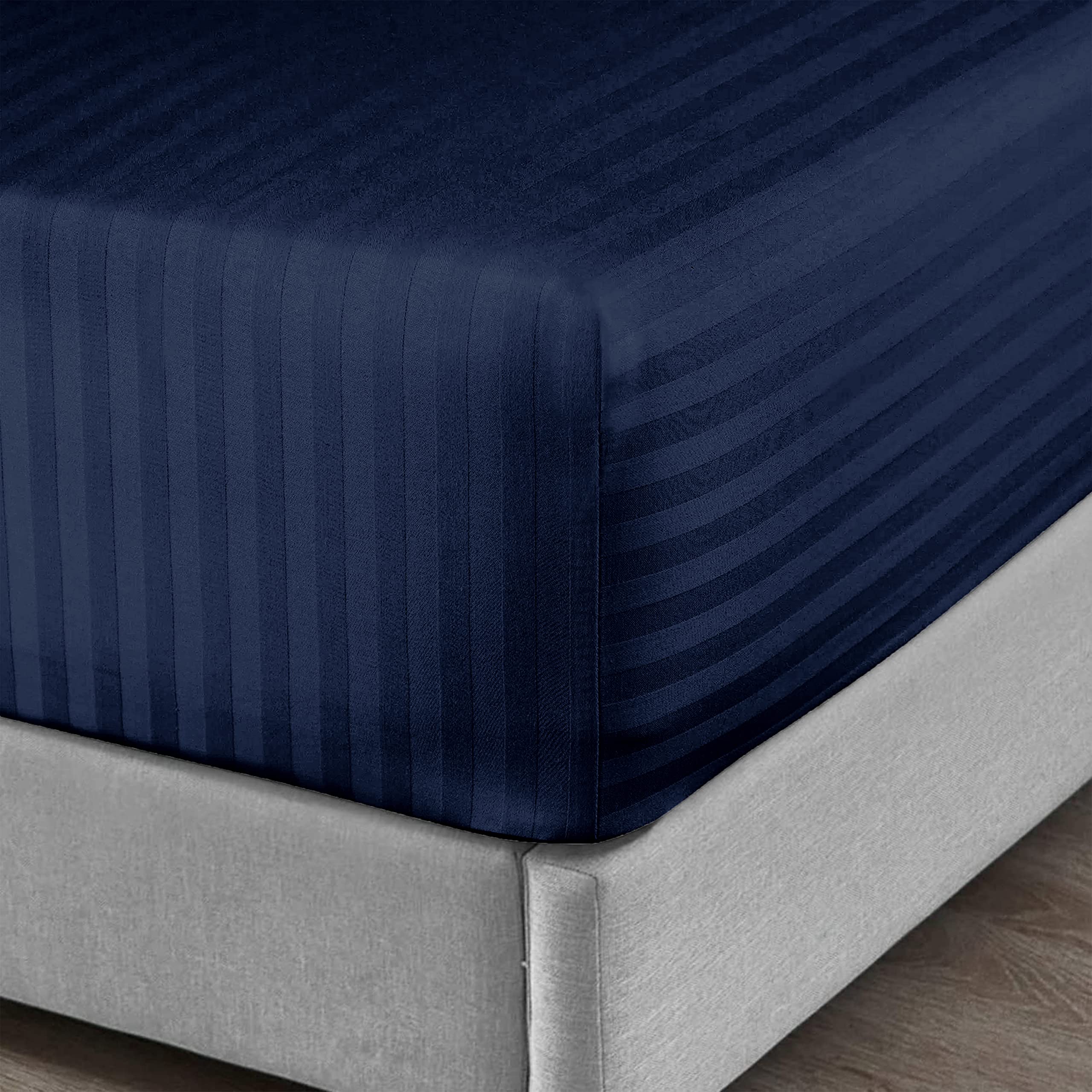 Oxford HomewareFitted Sheet 25cm Deep Brushed Microfiber Bed Sheets - Easy Care Soft Satin Stripe Navy Single Sheet Fitted - Shrinkage and Fade Resistant