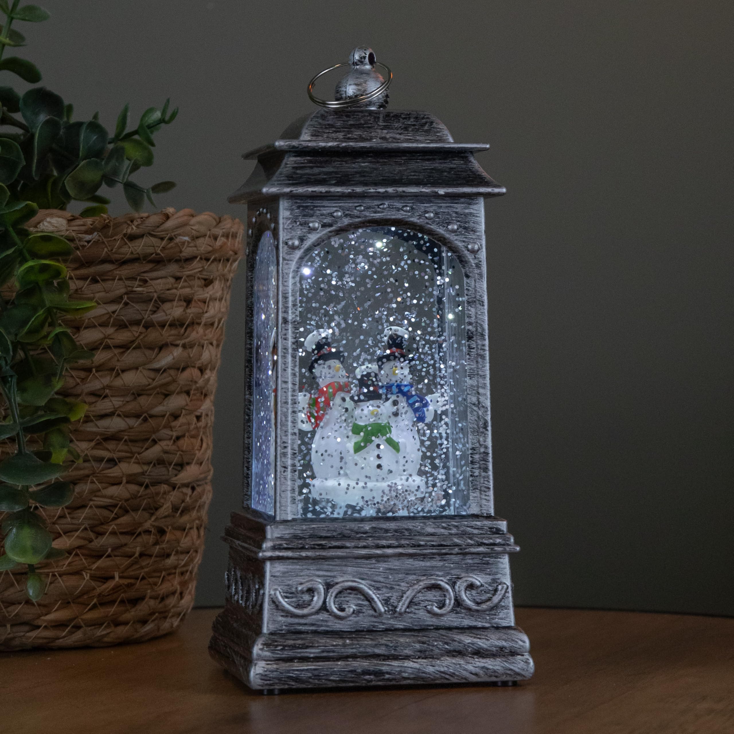 Samuel Alexander Silver 20Cm Dual Powered Light Up Christmas Water Spinner With 3 Snowmen And White Leds