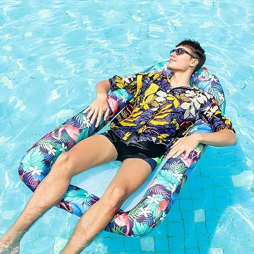 Miniatura 2 de FindUWill Flotadores inflables para piscina para adultos, silla inflable cubierta de tela con centro de malla, hamaca de agua grande extendida