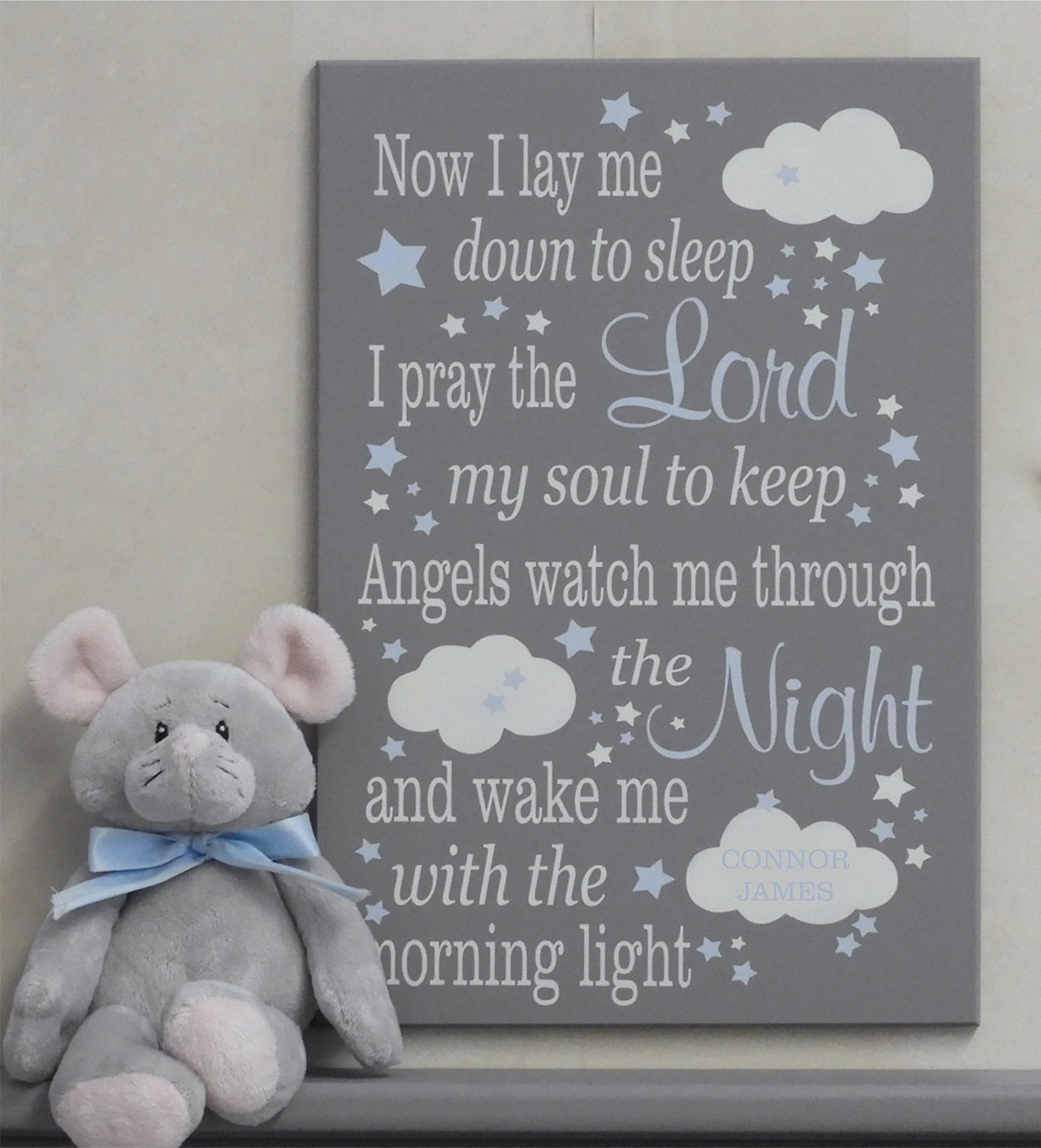 Now I Lay Me Down To Sleep, PERSONALIZED with Name on Cloud - Baby Boy Baptism Gift for Child Room Decor Light Blue and Gray Wall Art Nursery Child Prayer Wood Sign