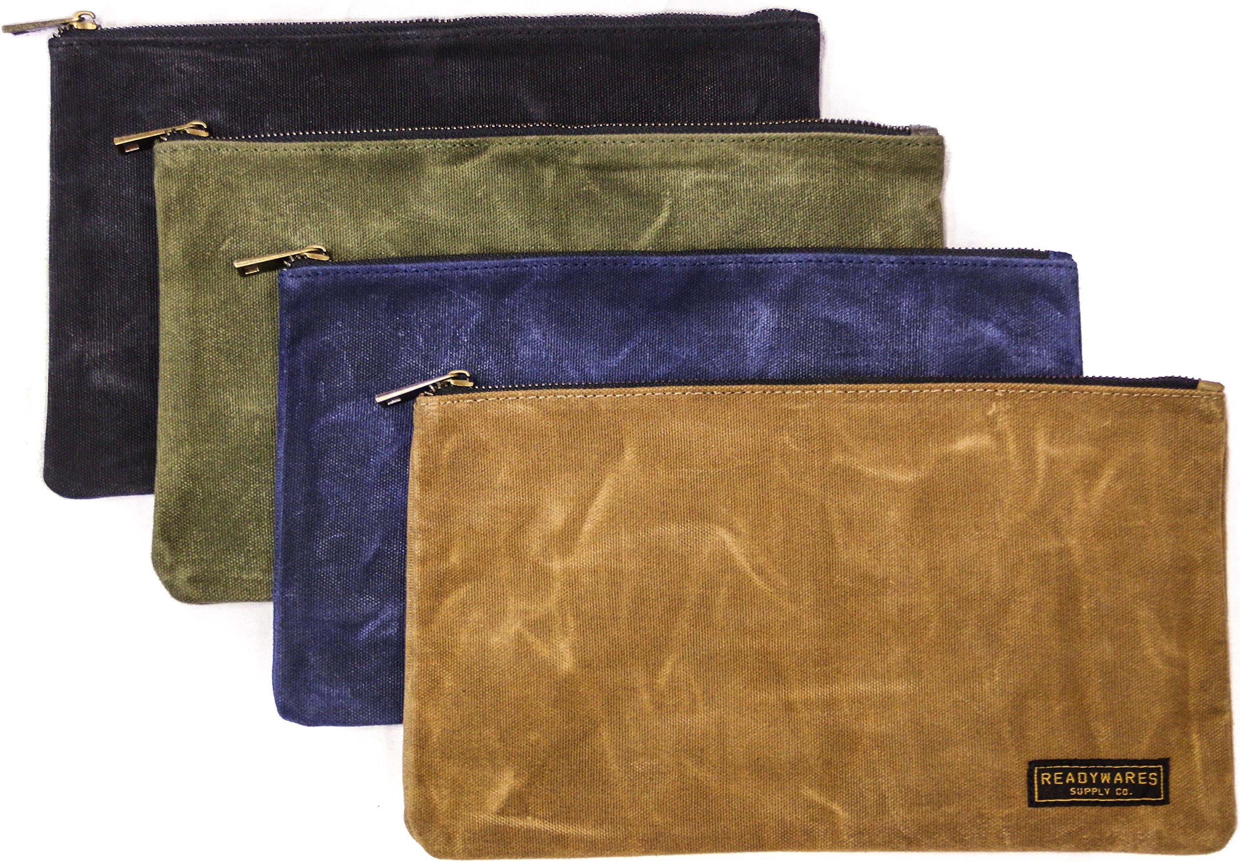 Readywares Waxed Canvas Zipper Pouch, Heavy Duty Canvas Tool Bags, 4 Colors: Tan, Olive, Navy, and Black, 12.5" x 7" - 4-Pack, Small Zipper Pouches for Organization