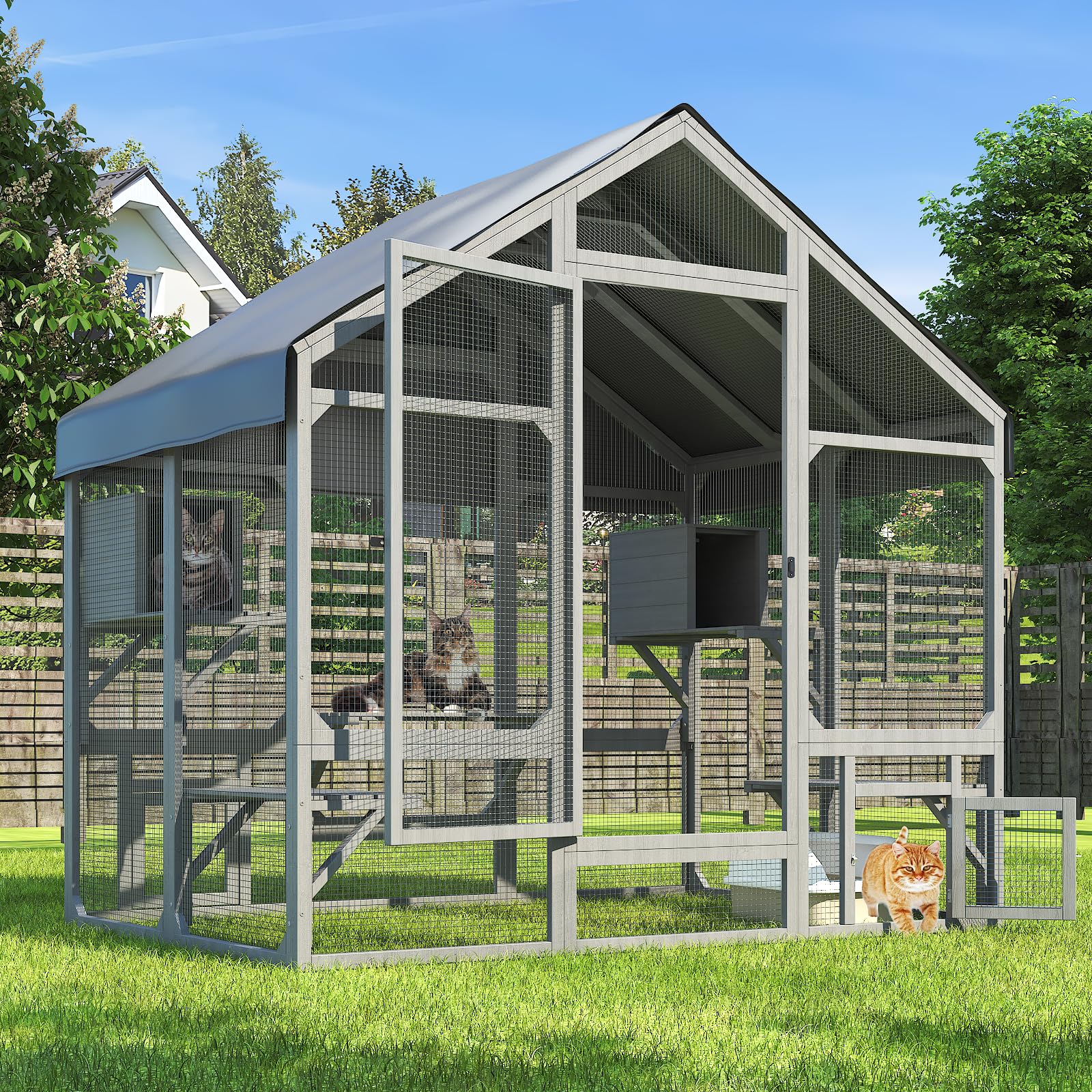TIMHAKA Cat Catio - Large Outdoor Catio Enclosure with 7 Tiered Platforms & 2 Premium Resting Boxes, Weatherproof Cat Cage with UV-Resistant Cover, Spacious Cats Enclosure for Multi-Cats(71"x49"x71")
