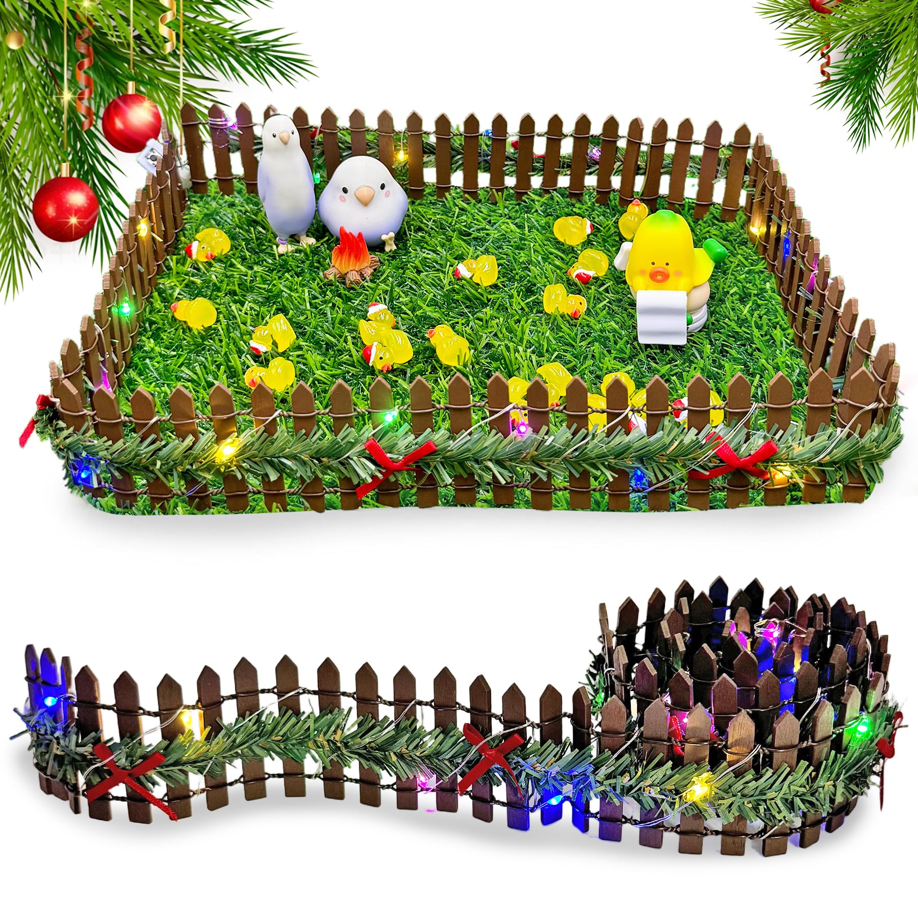 Wichtel Zubehör Weihnachten,Miniatur Zaun Holzzaun mit Lichtern,90 x 5cm Mini Weihnachtszaun,miniatur Deko Miniatur Zaun Holzzaun,Mikro Gartenzaun,Wichtelhaus Weihnachtsdeko Beleuchtung Gartenzaun