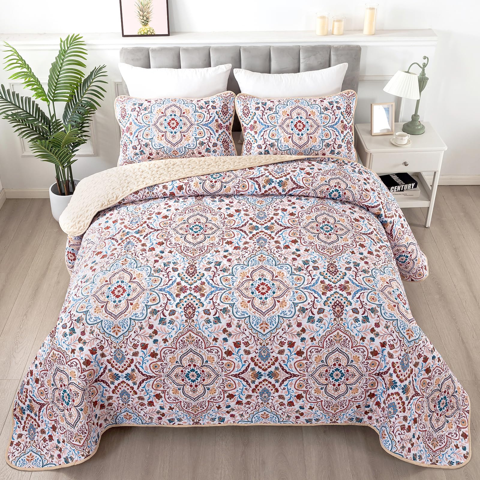 XruibedBoho Quilt Set Queen Red Bohemian Bedding Lightweight Soft Microfiber Floral 3 Pieces Coverlet with Pillowcases for All Season Size 90''x96''