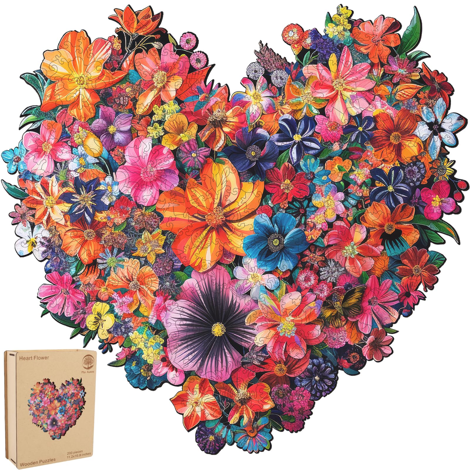 Mys Aurora Puzzles for Adults Heart Flower Wooden Puzzles, 200 Pieces Unique Shaped Jigsaw Puzzles, Birthday Gifts for Mom Adults and Kids, Fun Challenge Family Game 11.2'' x 10.8'' FSC Certified