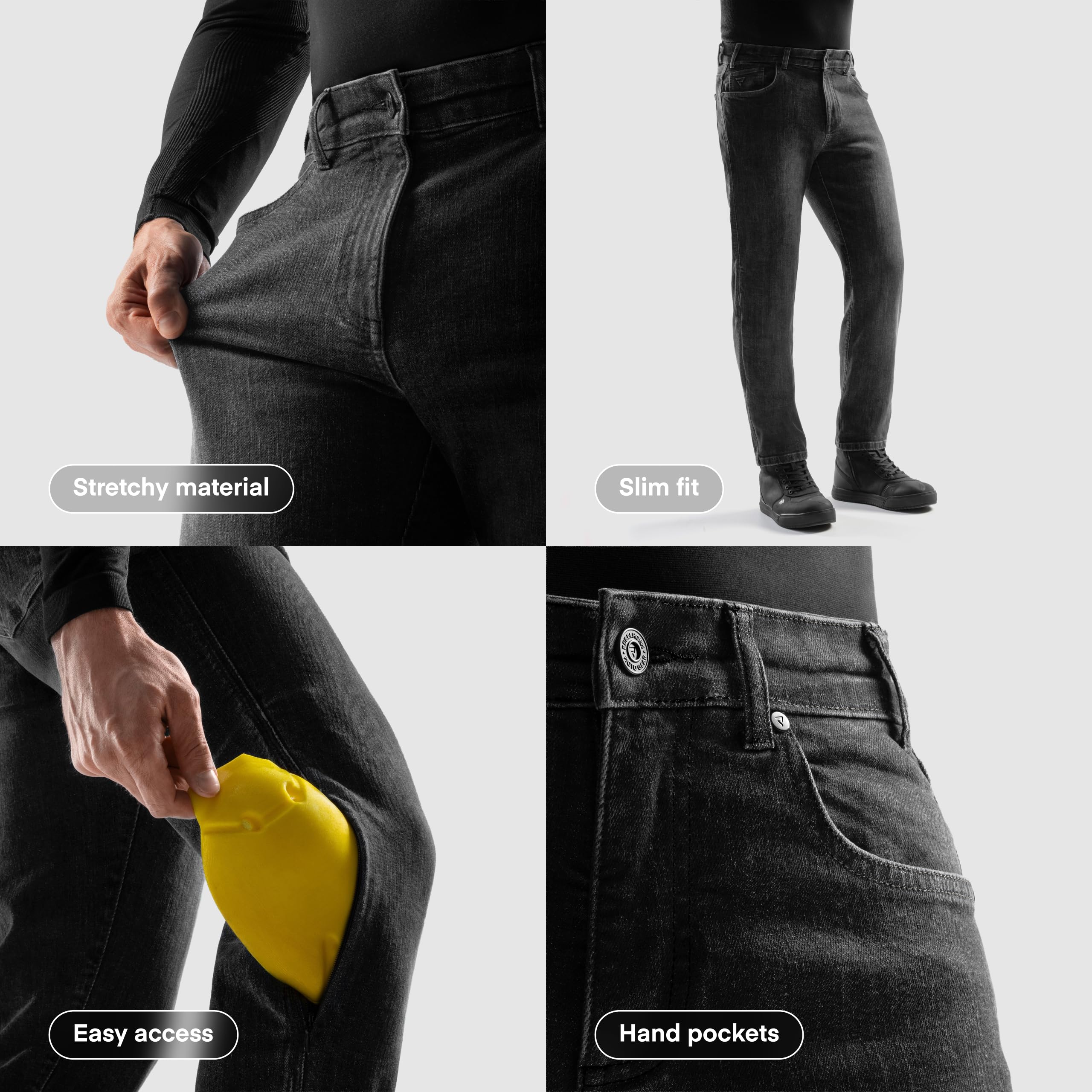 REBELHORN Classic Mono Jeansy motocyklowe Spodnie motocyklowe Męskie | Jednowarstwowe | Ochraniacze Kolan i Bioder poziomu 2 | Kieszeń na ochraniacz kości ogonowej | Regular Fit