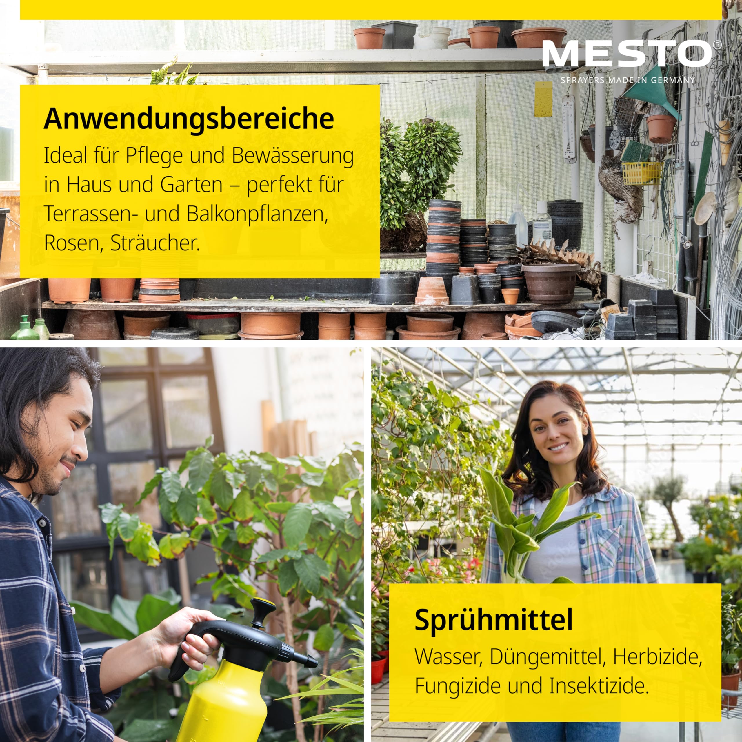 Mesto BUGSI 360° Drucksprüher 1,5L Set inkl. MESTO Verlängerungsrohr 27cm | Sprühflasche für Garten & Pflanzen | Pumpsprühflasche | Sprühgerät mit 2 in 1 Ventil | Pflanzensprüher | Verstellbare Düse