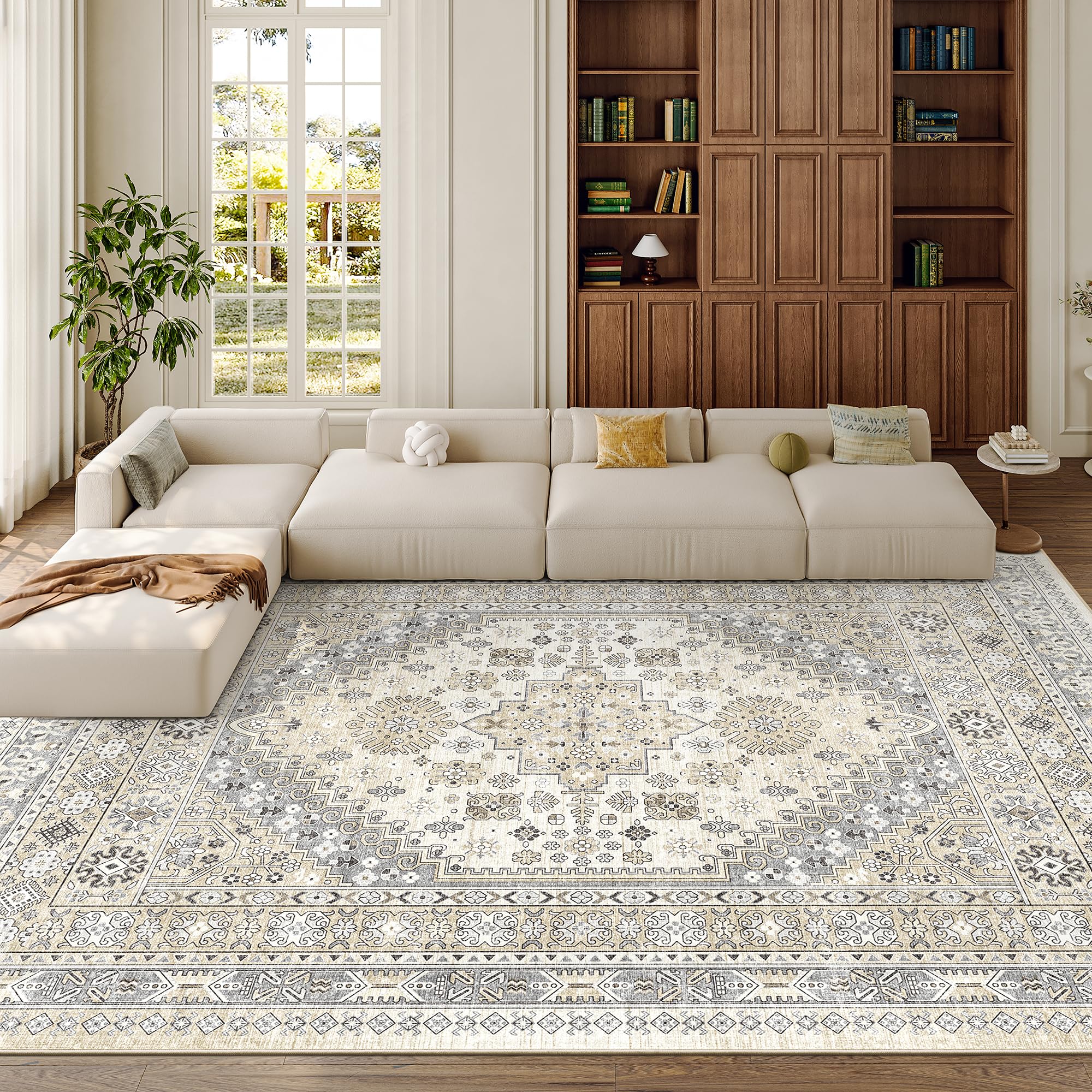 zesthome 10x14 Area Rugs,Stain Resistant Washable Rug,Ultra-Thin Rugs for Living Room,Bedroom,Non-Slip Backing Home Decor Large Area Rug (Beige,10'x14')