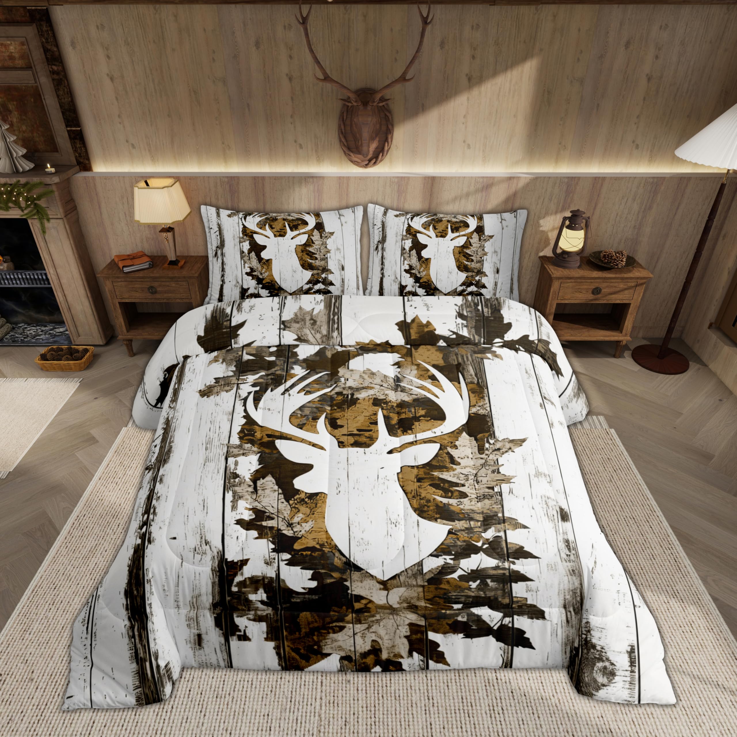 Feelyou Camo Deer Comforter Set Full Size Deer Antlers Army Camouflage Bedding Set Boys Girls Hunting Comforter Set Animal Duvet Insert Bed Set 3Pcs