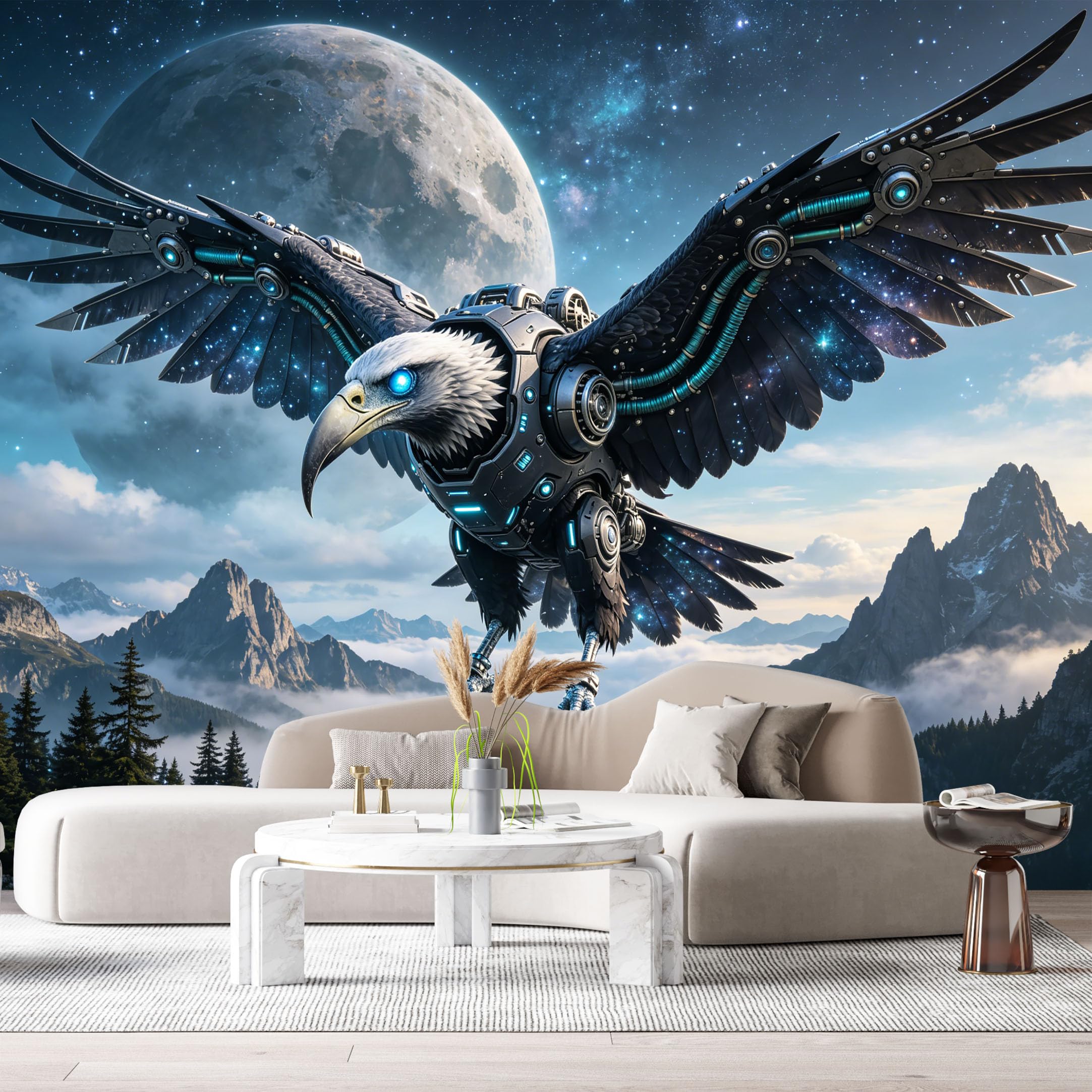 Custom Size Wall Mural Cybernetic Eagle Mech Futuristic SciFi Metal Wings Space Vision SelfAdhesive Art Prints Removable Large Wallpaper Esports Room Game Room Tenant Room Studio