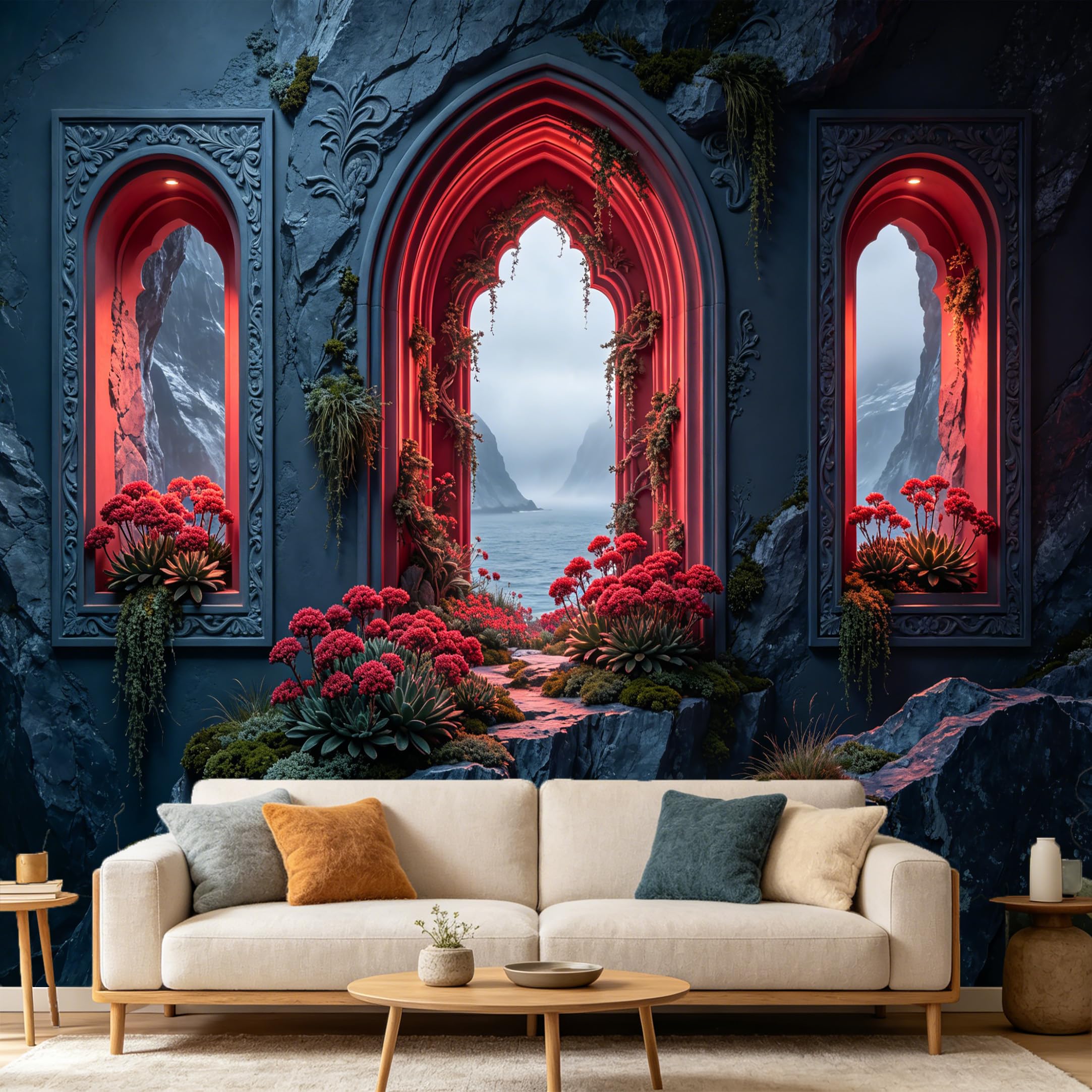 Custom Size Wall Mural， 3D Gothic Archway Mountain Lake Scenery Red Flowers， SelfAdhesive Art Prints wall Fabric Removable Large Wallpaper Home Living Room Decor