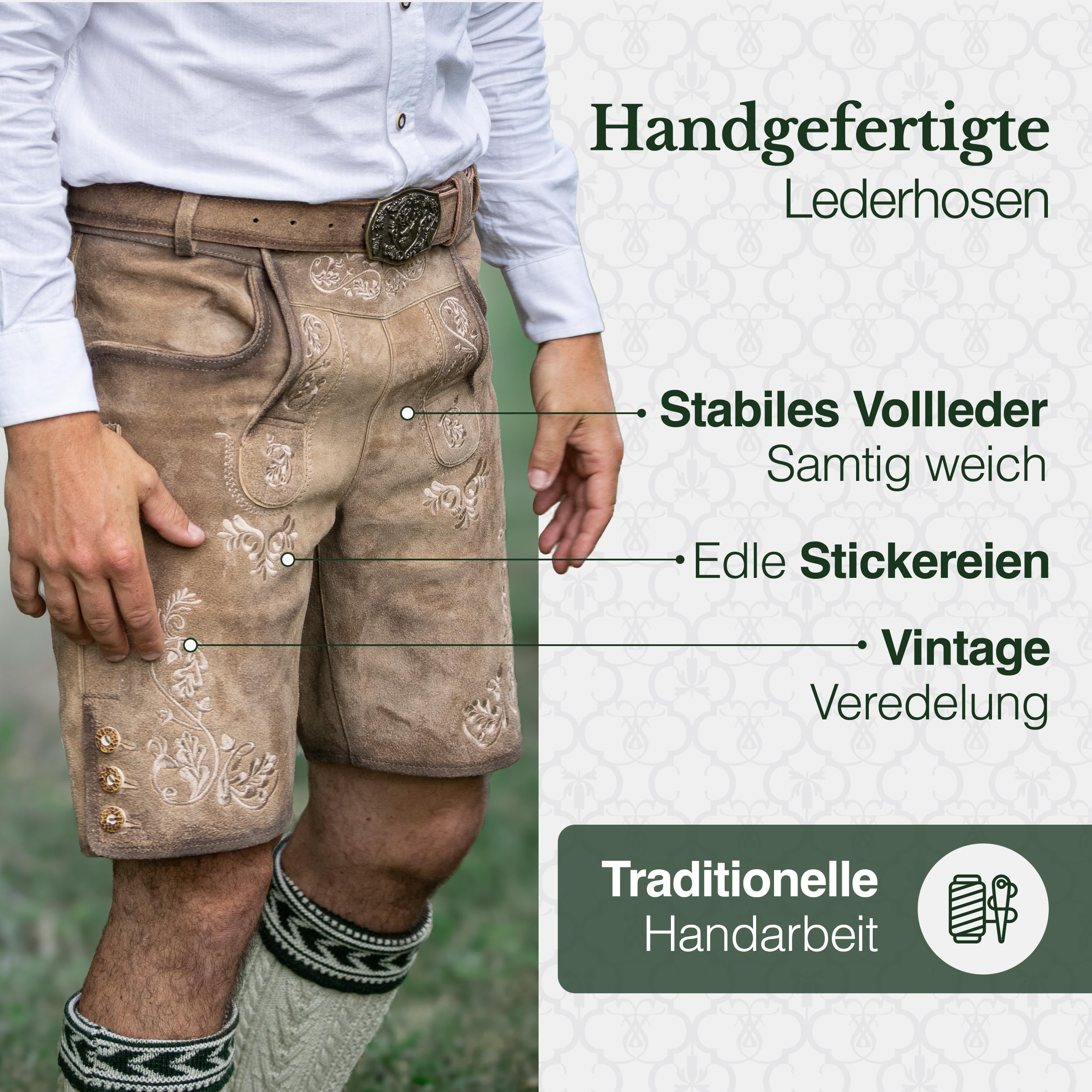 Schöneberger Trachten Couture Męskie spodnie skórzane krótkie z paskiem do stroju ludowego, tradycyjne spodnie w stylu vintage na Oktoberfest ze skóry nubukowej, Lugano