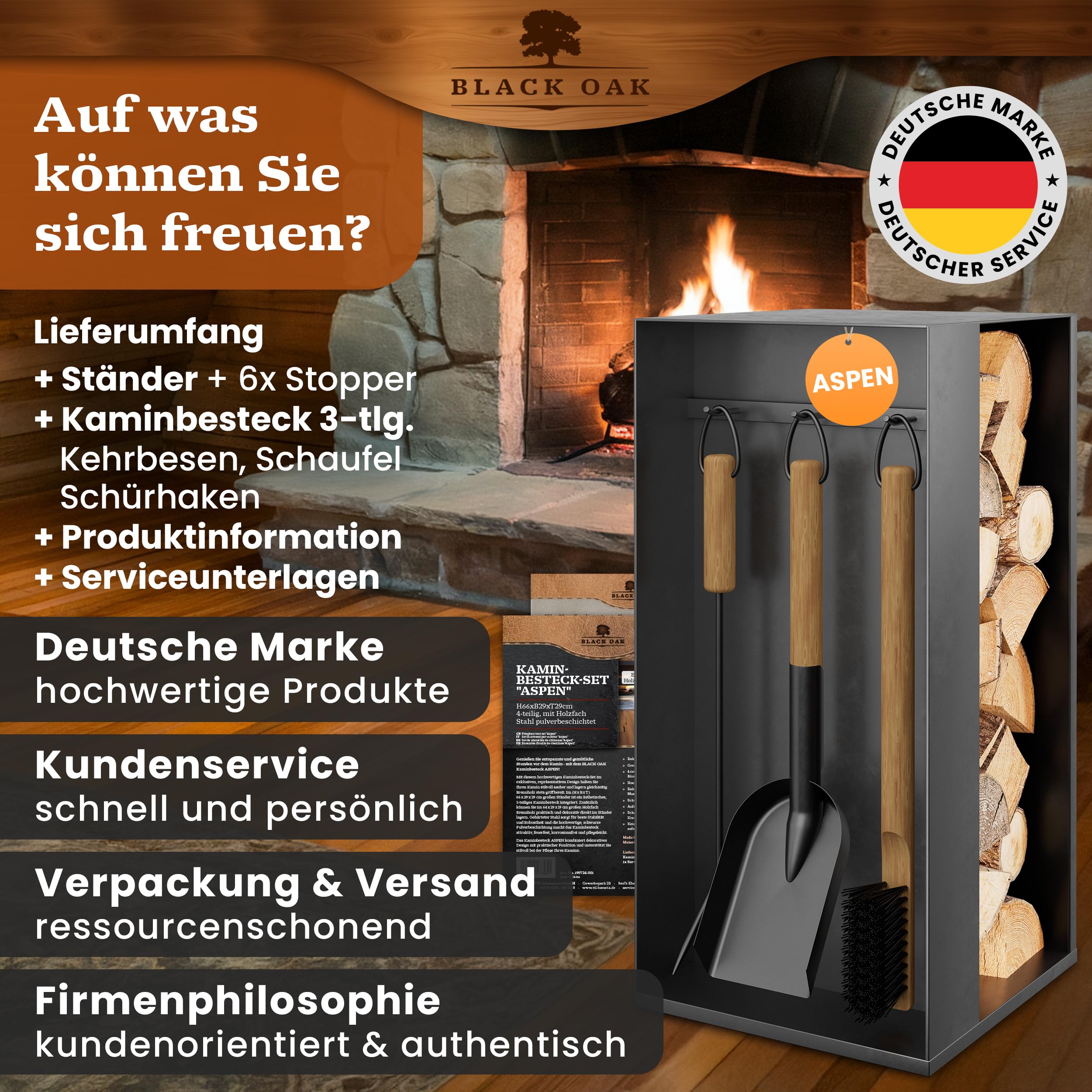 BLACK OAK Kaminbesteck ASPEN 4-teilig - praktisches & repräsentatives Ofenbesteck Set schwarz mit Holzgriff 4 teilig Ständer + Schürhaken Ascheschaufel Kaminbesen Stahl Kaminzubehör Besteck für Ofen